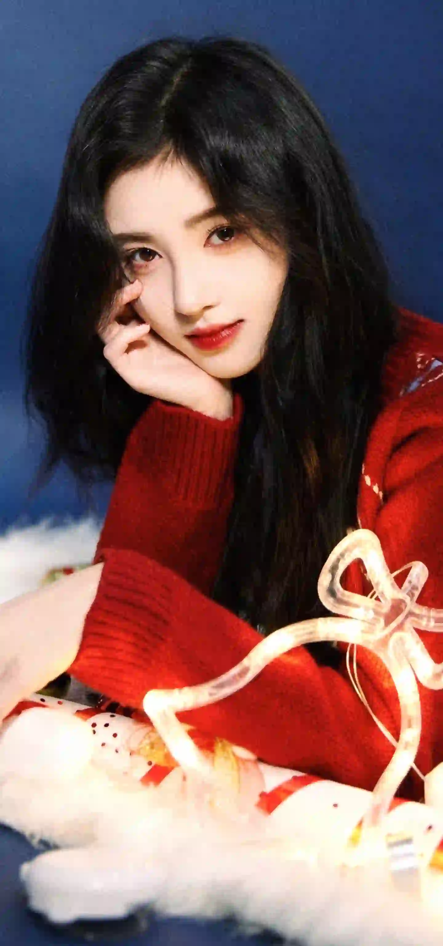长发美女 红色毛线衣 鞠婧祎