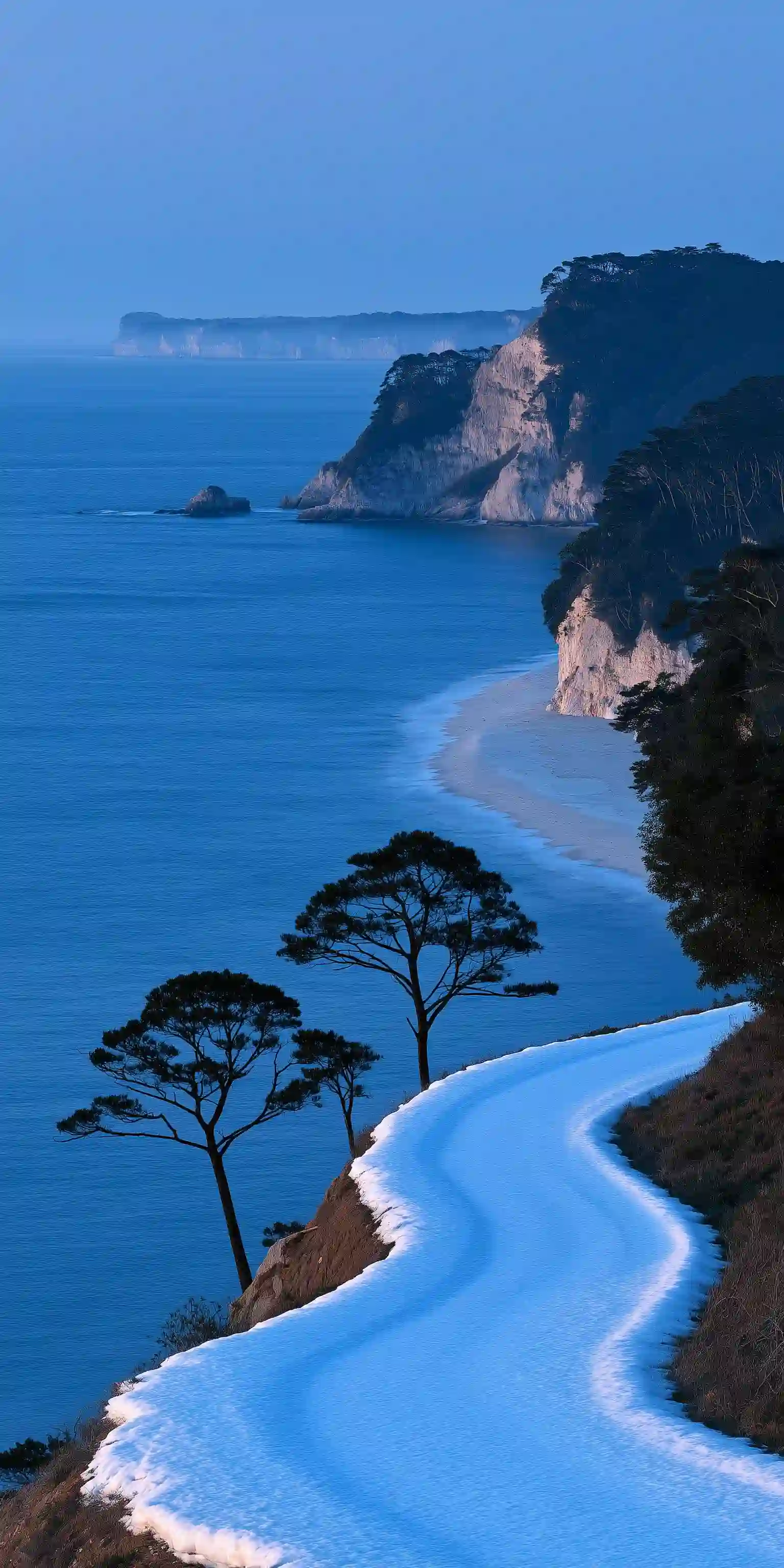 冬日海岸雪景悬崖 松树剪影 蓝色海洋 自然风景壁纸