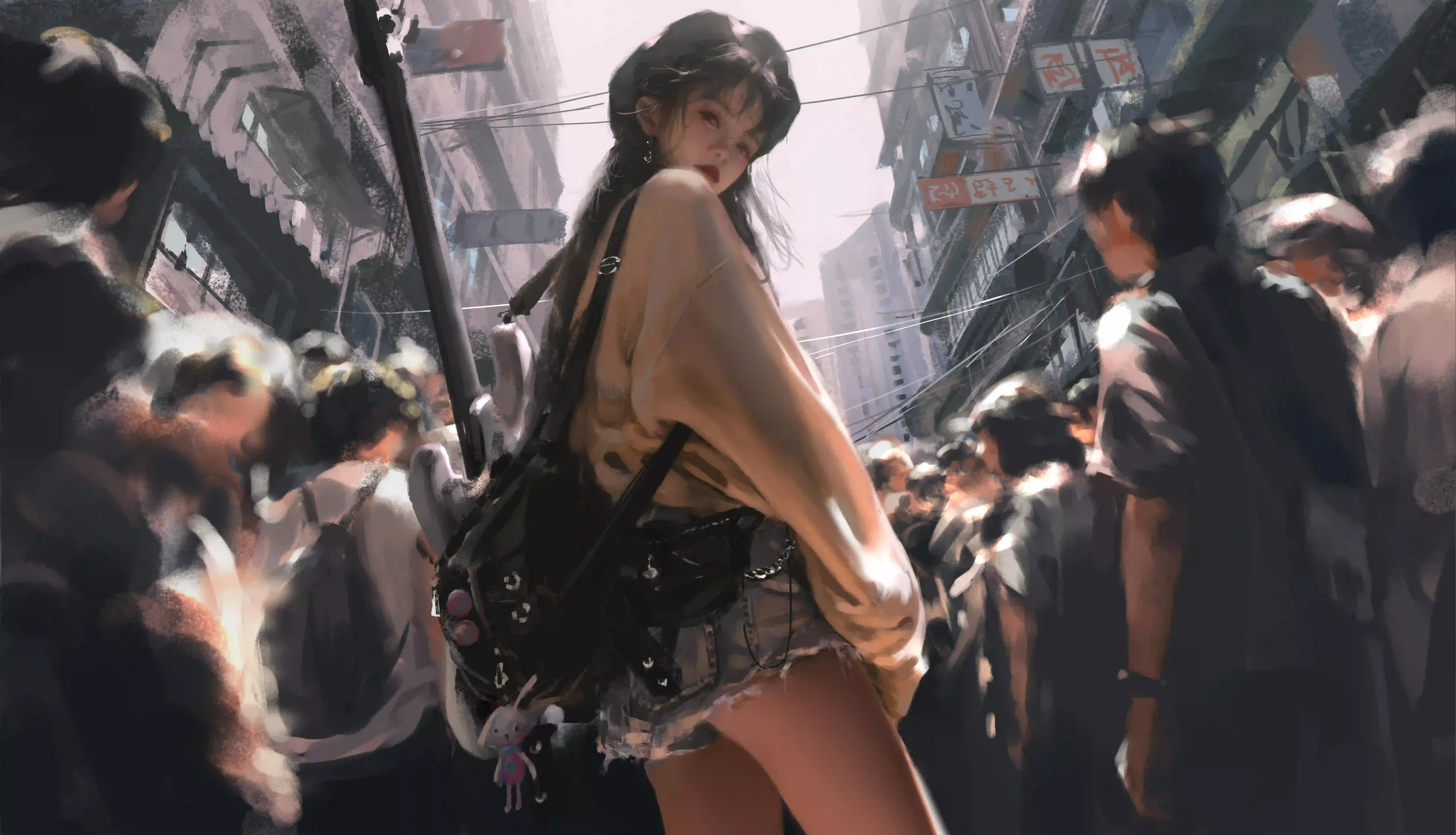 长发美女 背着吉他的女孩 人群中的女孩 wlop