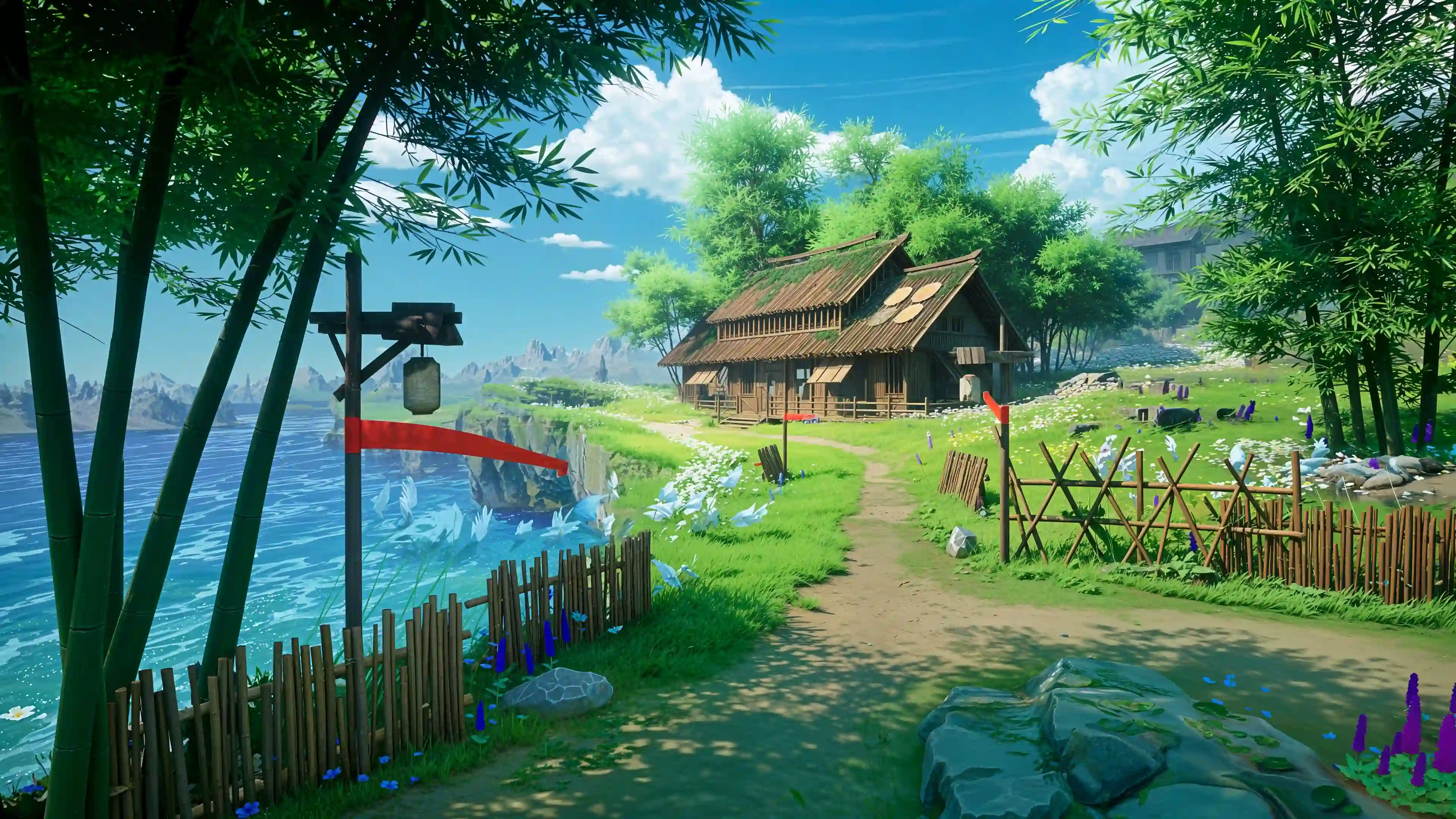 动漫风景 田园木屋 湖畔 竹林 治愈