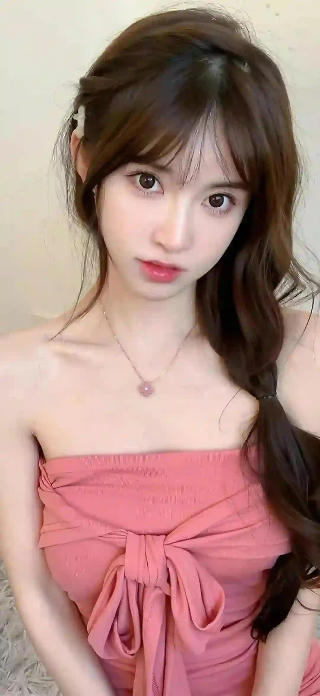 长发美女 清纯 红色抹胸长裙 性感