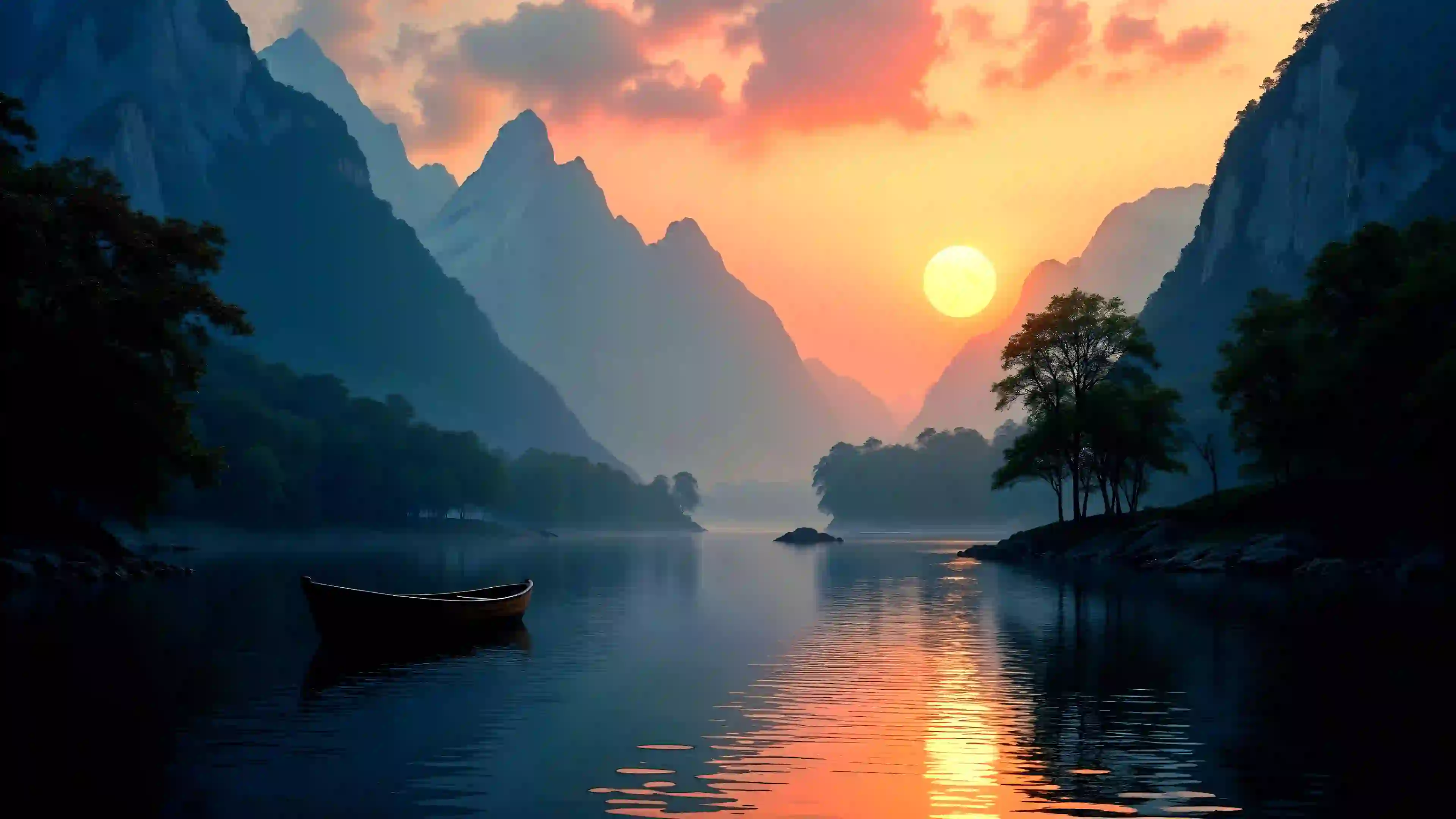 夕阳 落霞 江边渔船 高山流水 静谧
