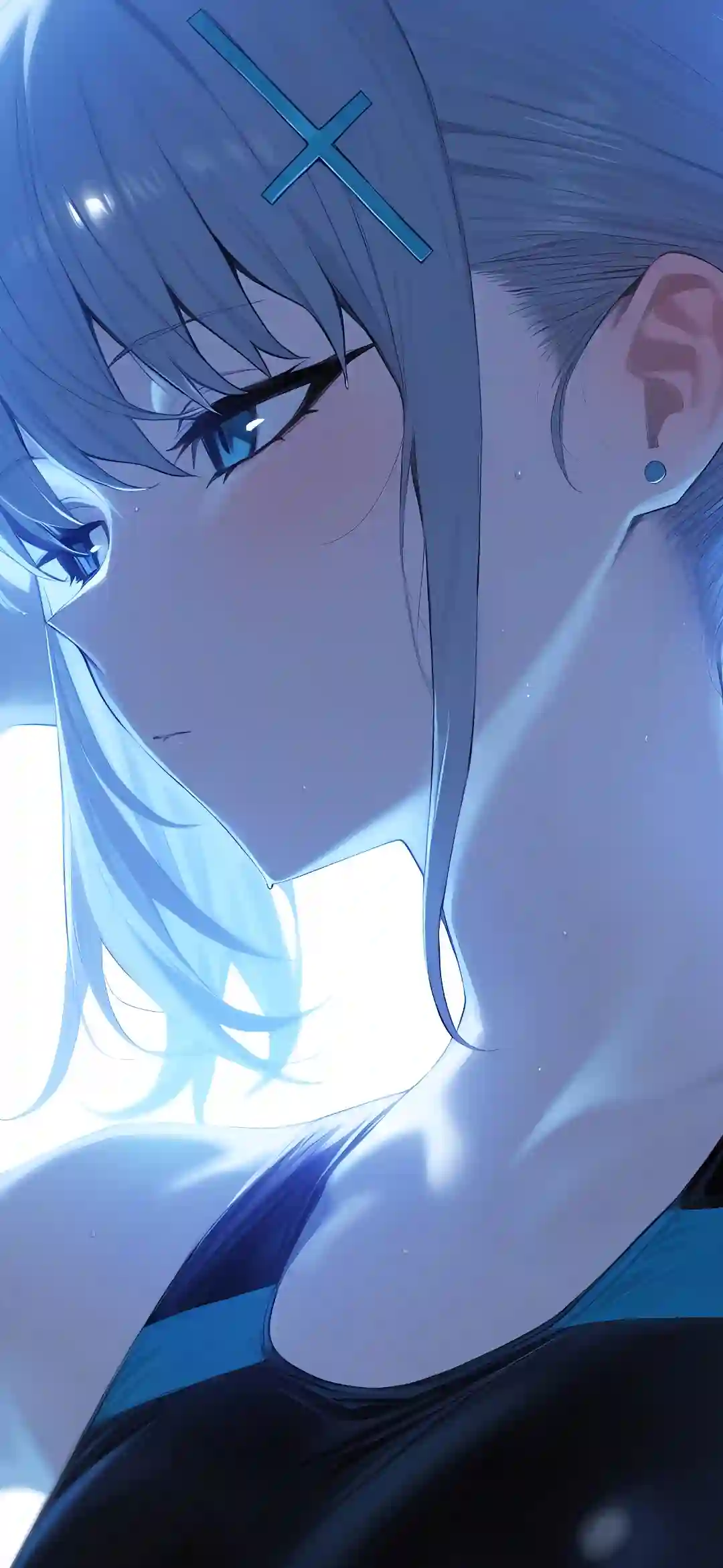 动漫女孩 长发女孩 运动装 蓝色发卡 蓝色耳钉 白色头发