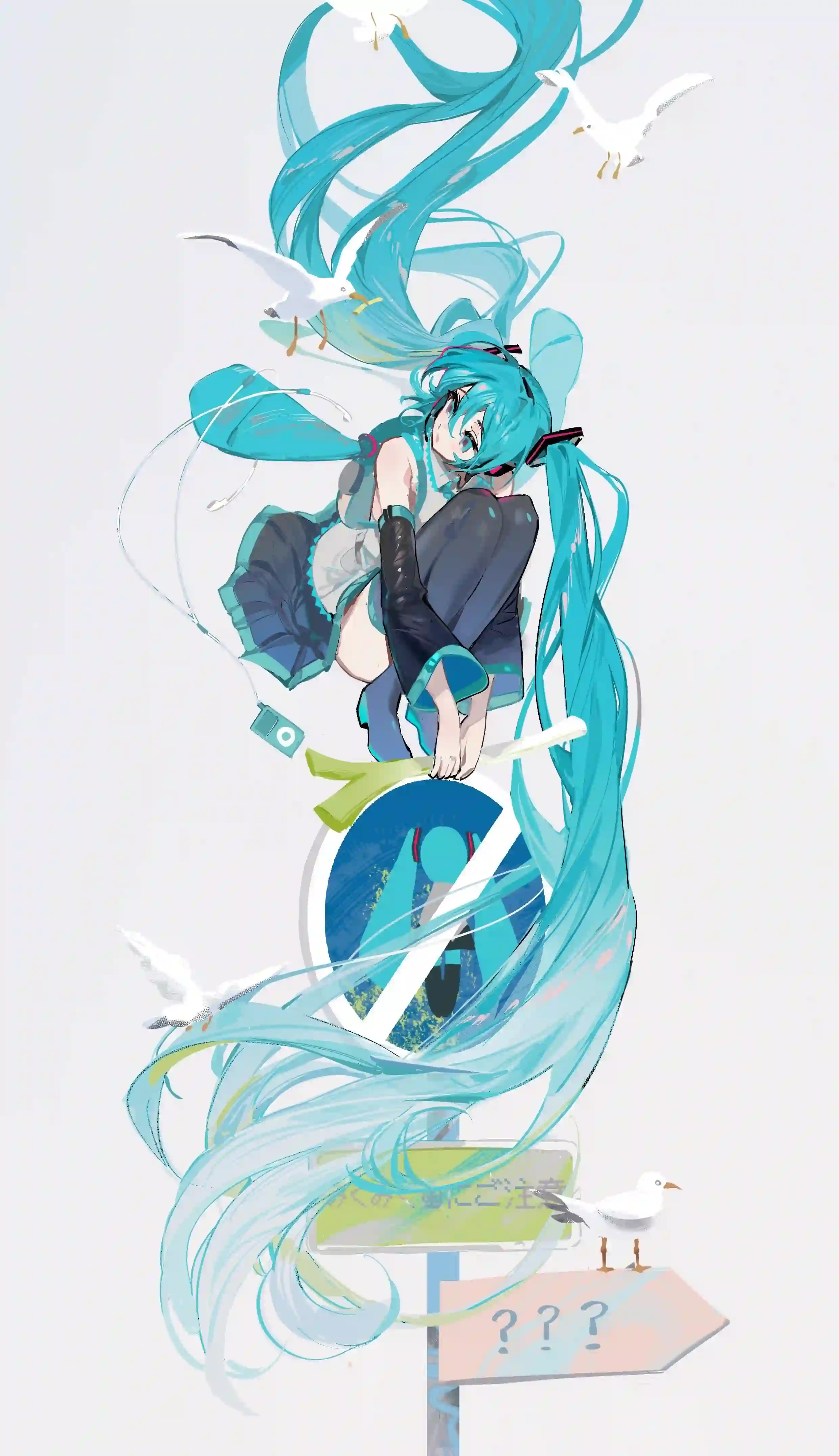 这是一幅动漫风格的插画 描绘了初音未来坐在路标上 蓝绿色长发飘逸 周围有海鸥飞翔 背景简洁 整体氛围清新唯美