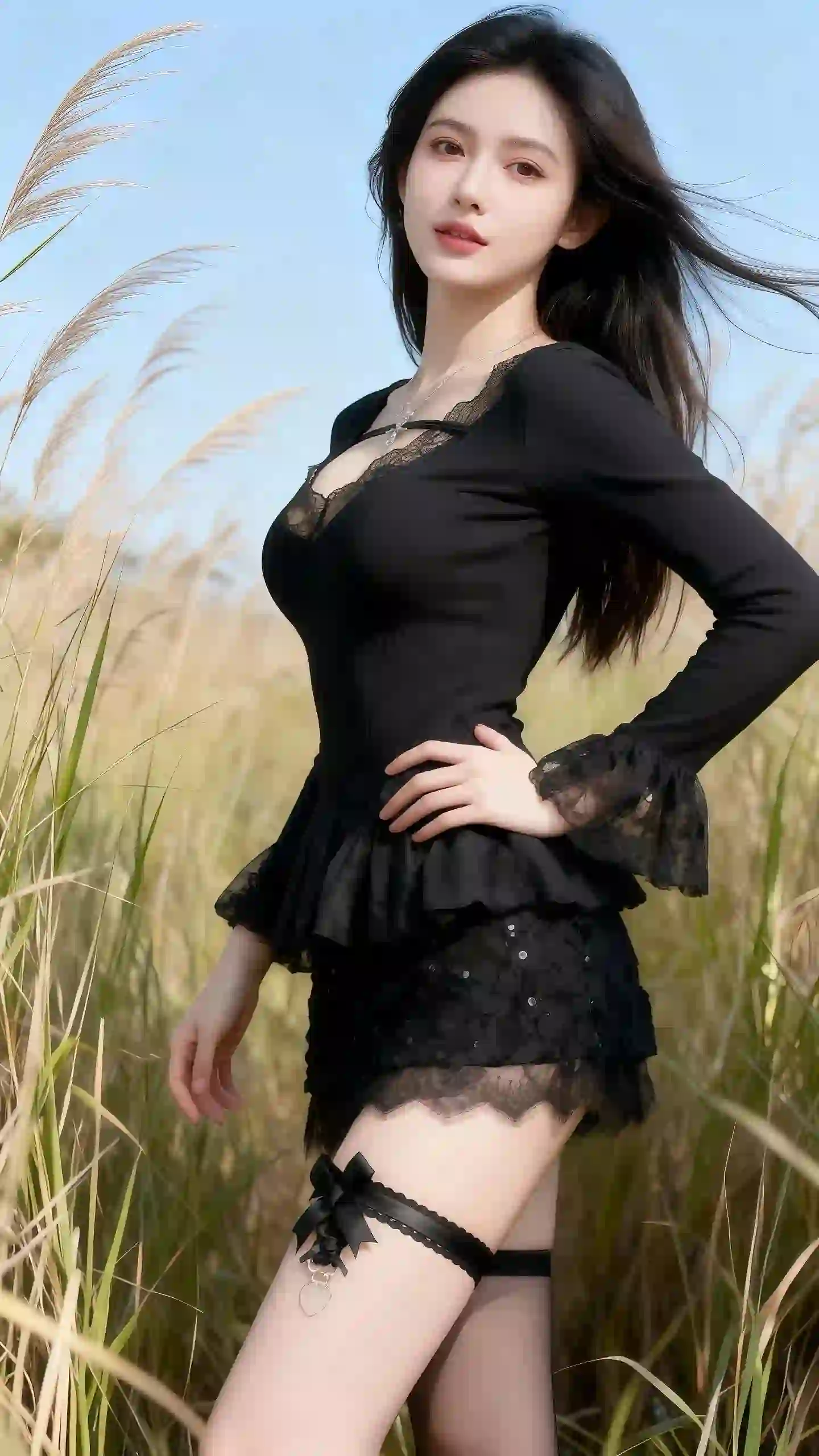 长发美女 户外 黑色衣服 芦苇荡