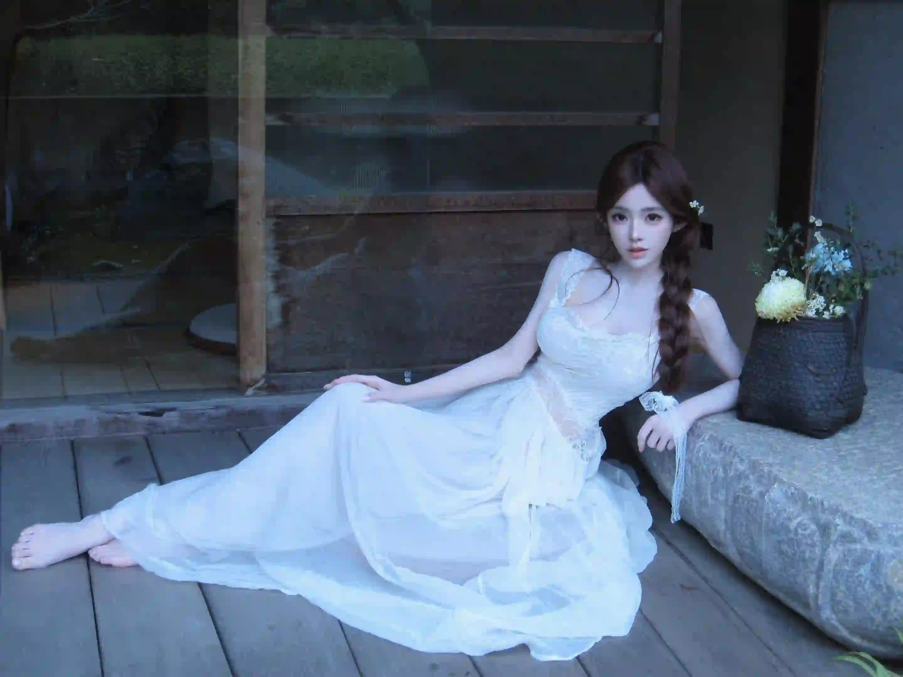 长发美女 白色吊带长裙 清纯 唯美 白色花朵