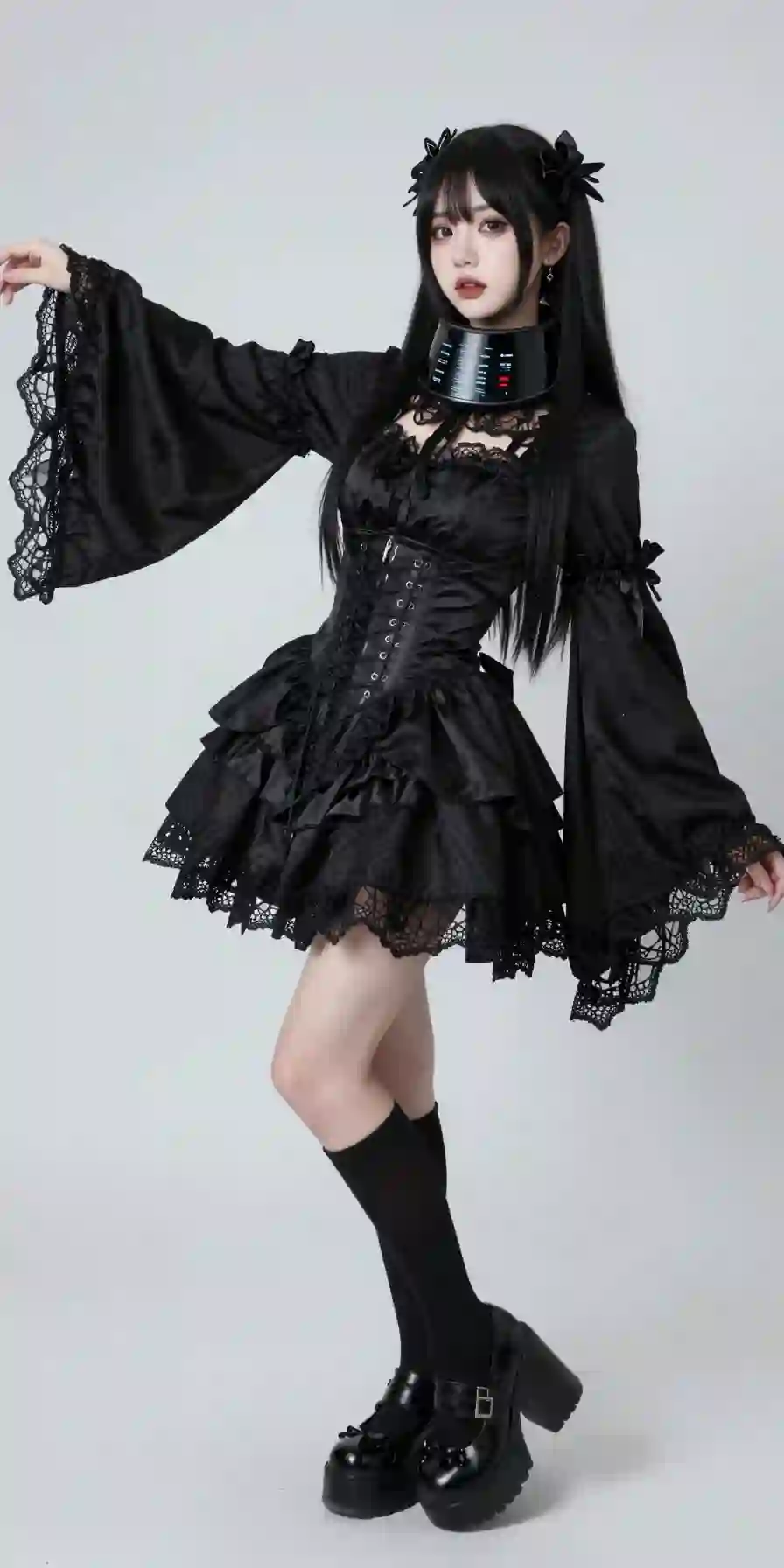 长发美女 AI 哥特风 个性穿搭 黑色裙子