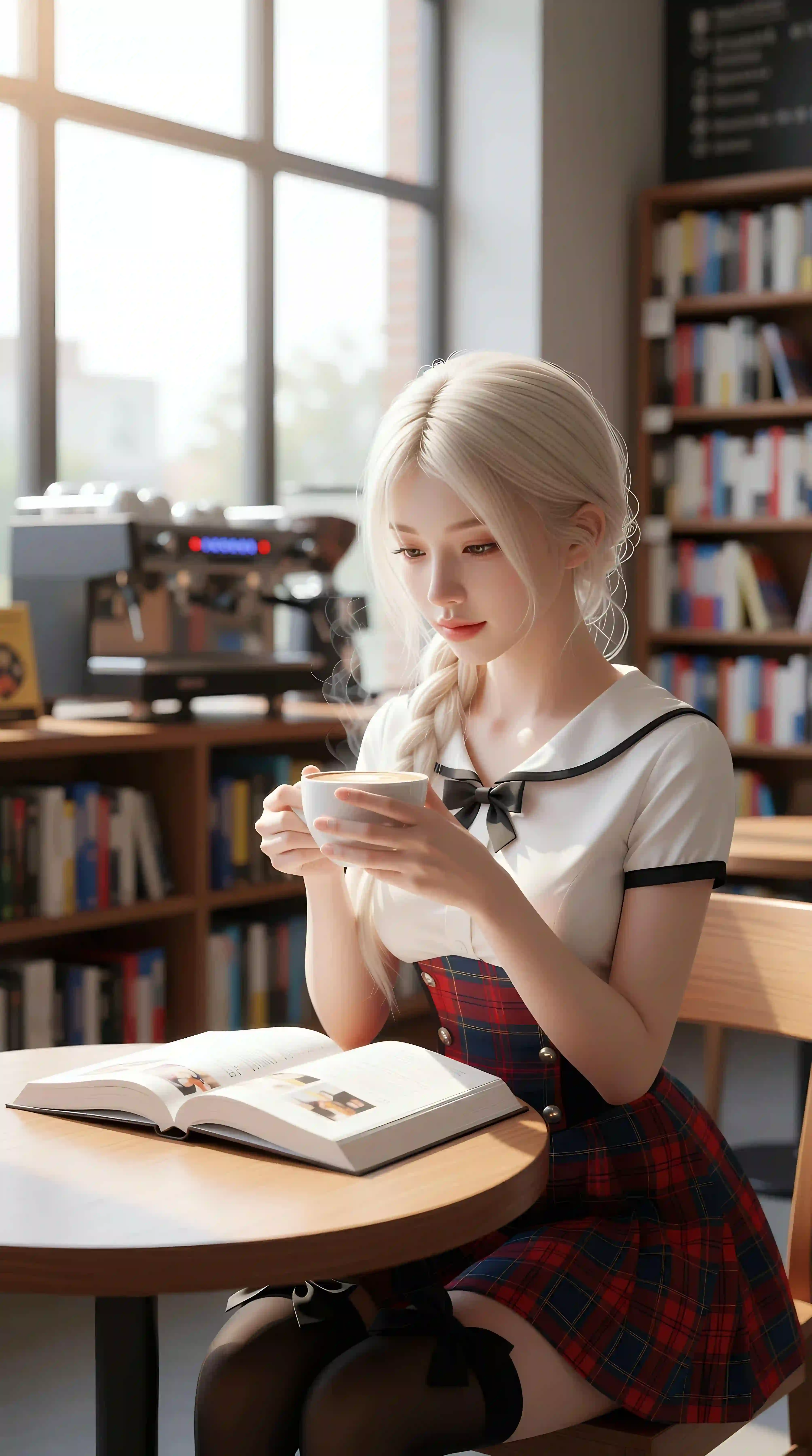 白色长发 白色衣服 图书馆 ai美女 可爱 甜美 微笑