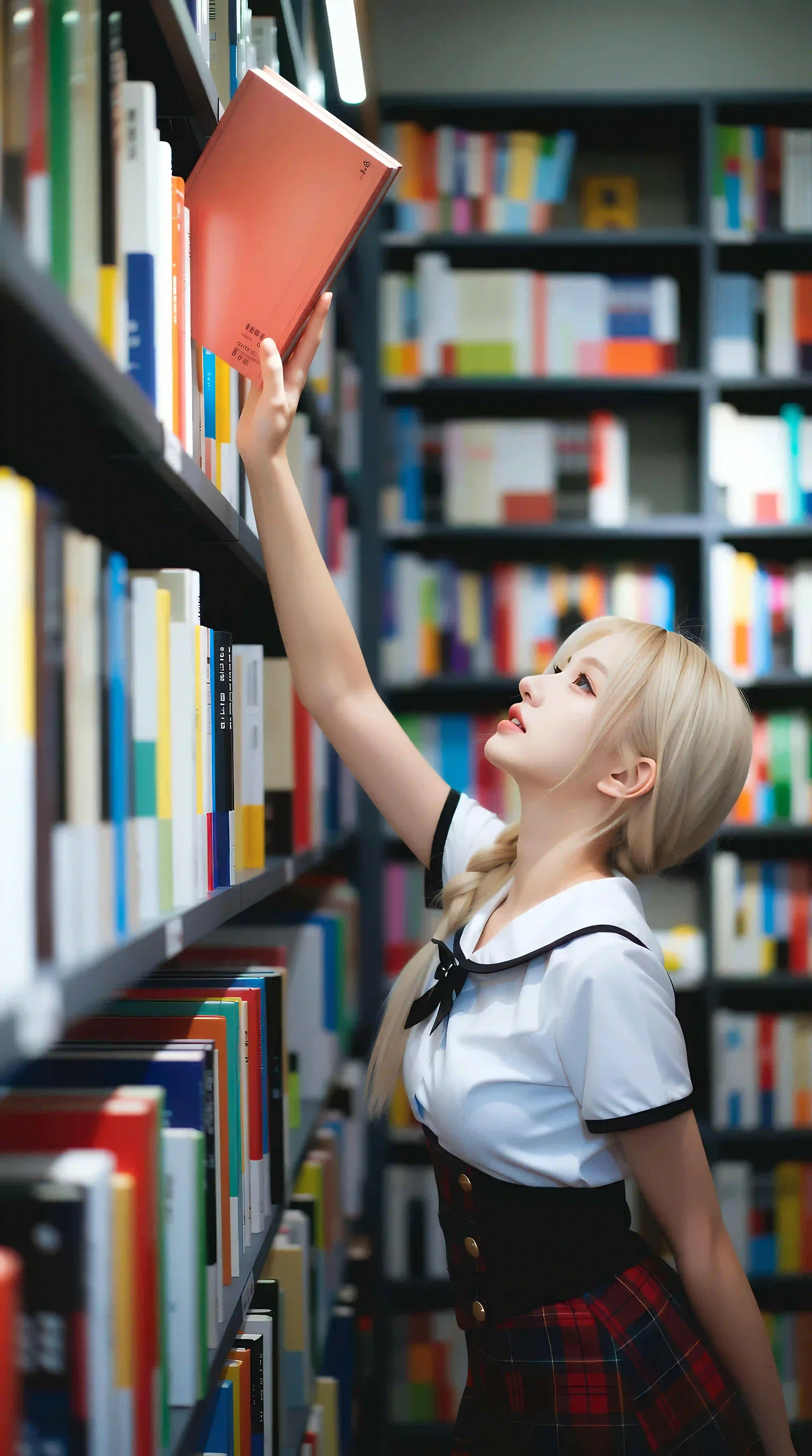 白色长发 白色衣服 图书馆 ai美女 格子裙子