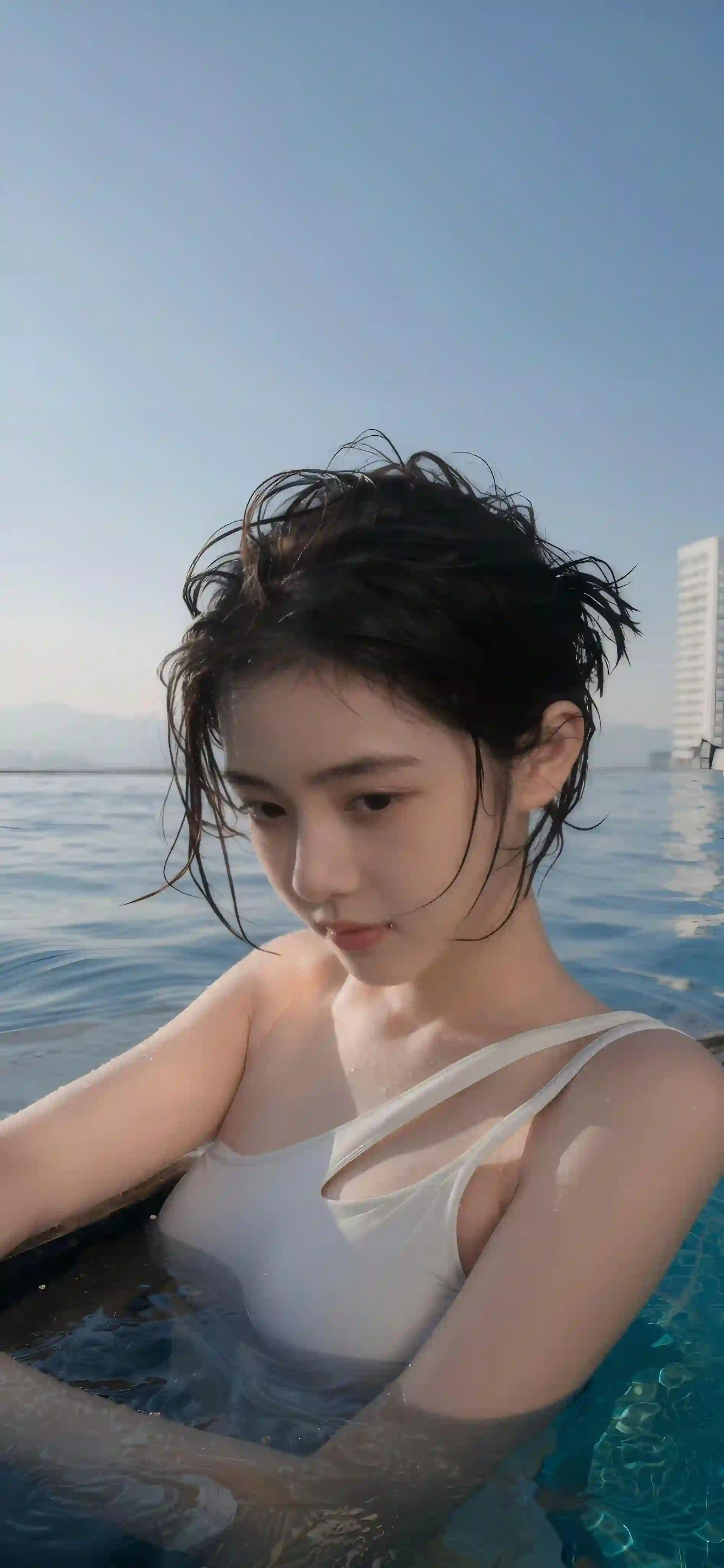 美女 泳池 水 打湿了头发 性感 白色吊带裙