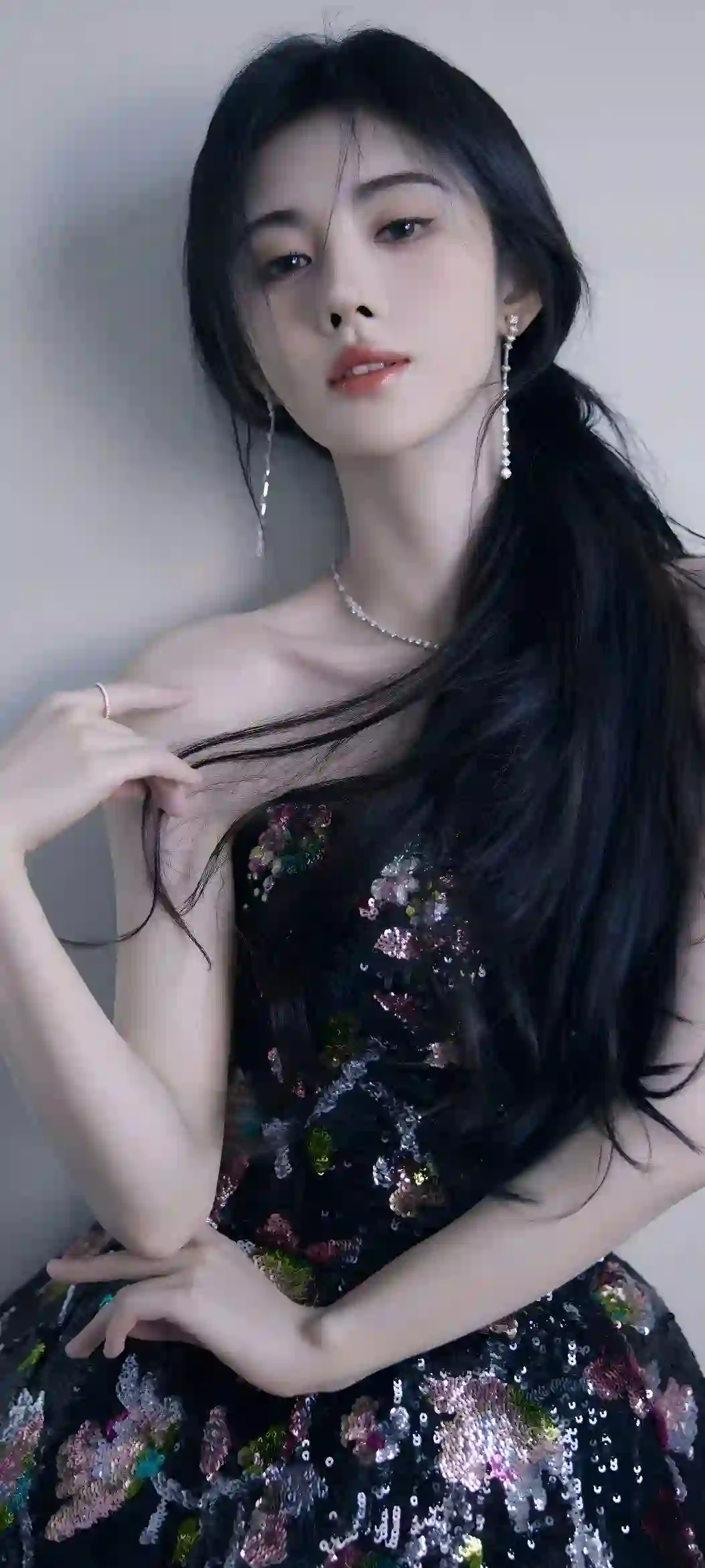 黑色亮片礼服 长发美女 时尚人像 气质美女 优雅写真 鞠婧祎