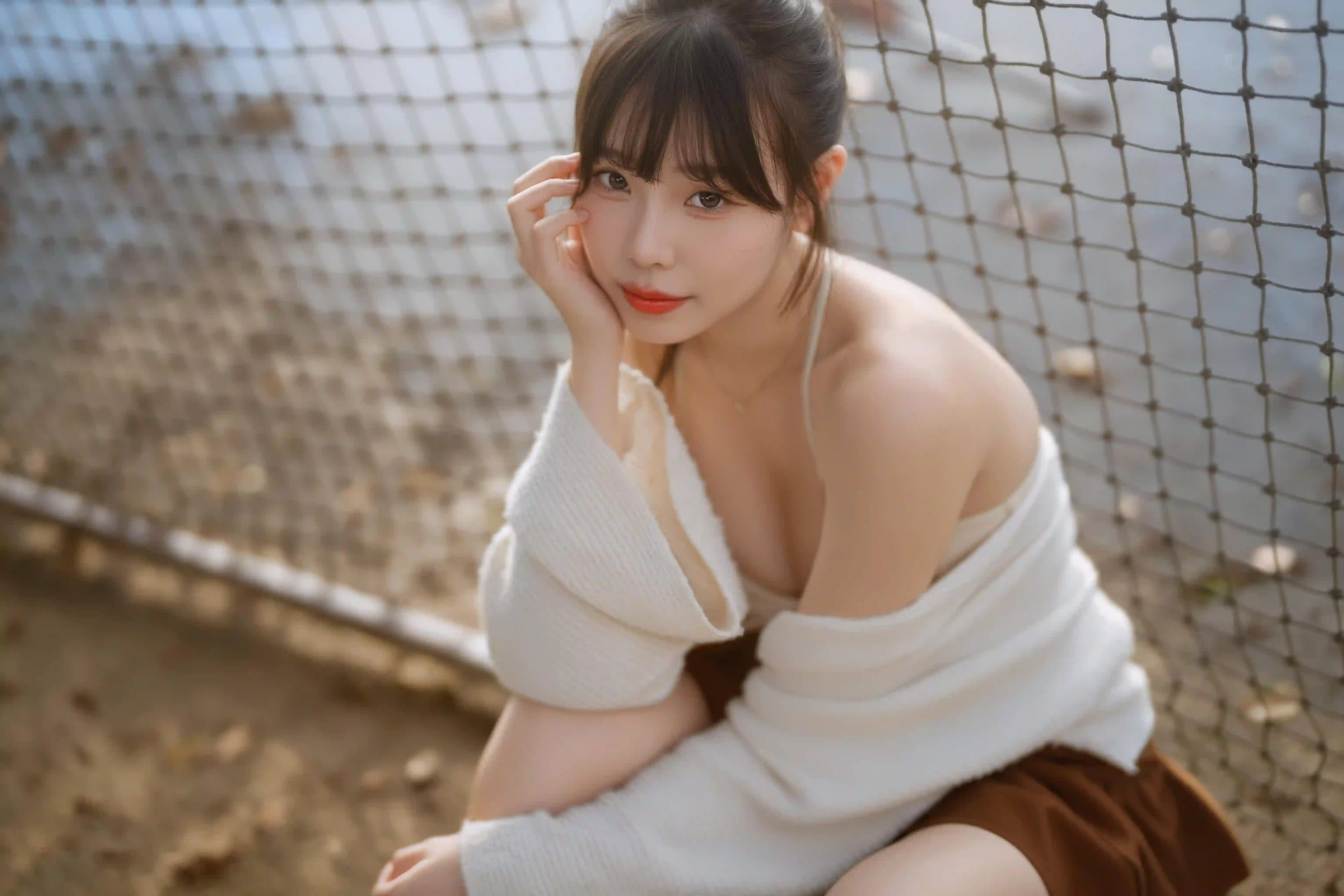 长发白裙女孩 户外写真 栅栏