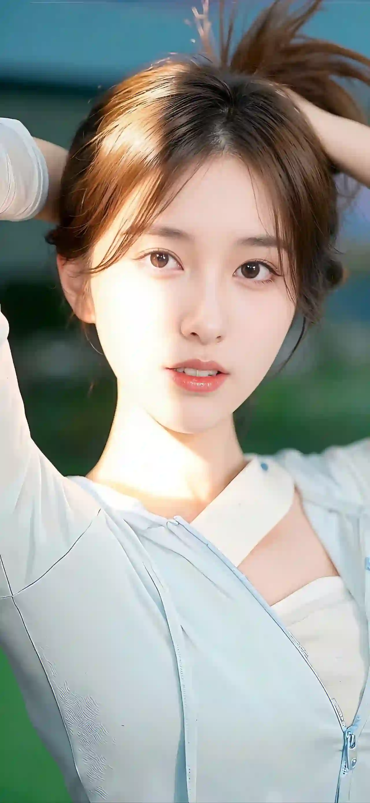 一张自然光下的特写人像 女性有着深棕色长发 身穿浅蓝色外套 表情温和清新
