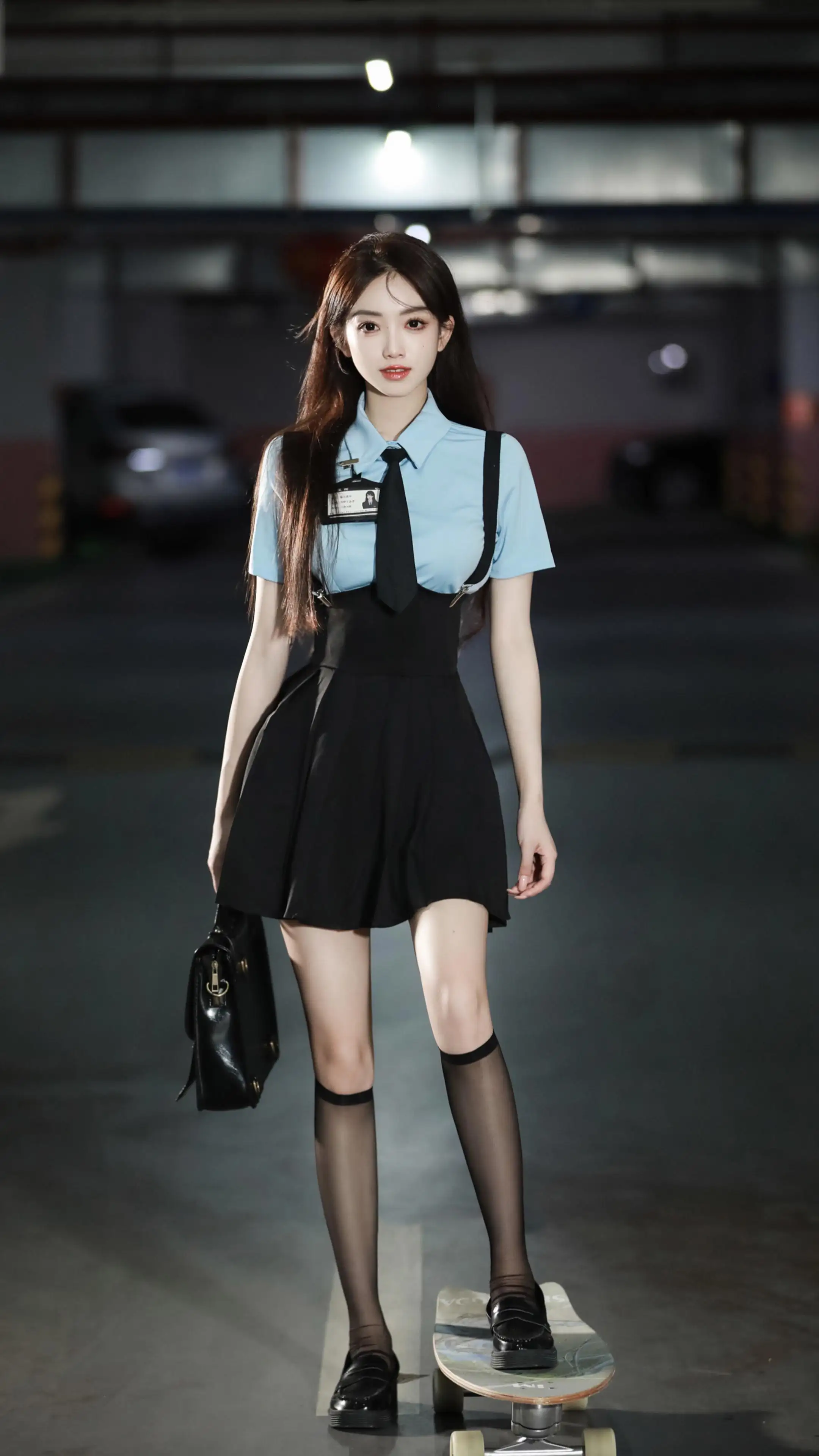 女神 蓝色衬衫 领带 百褶裙 黑色袜子 气质美女