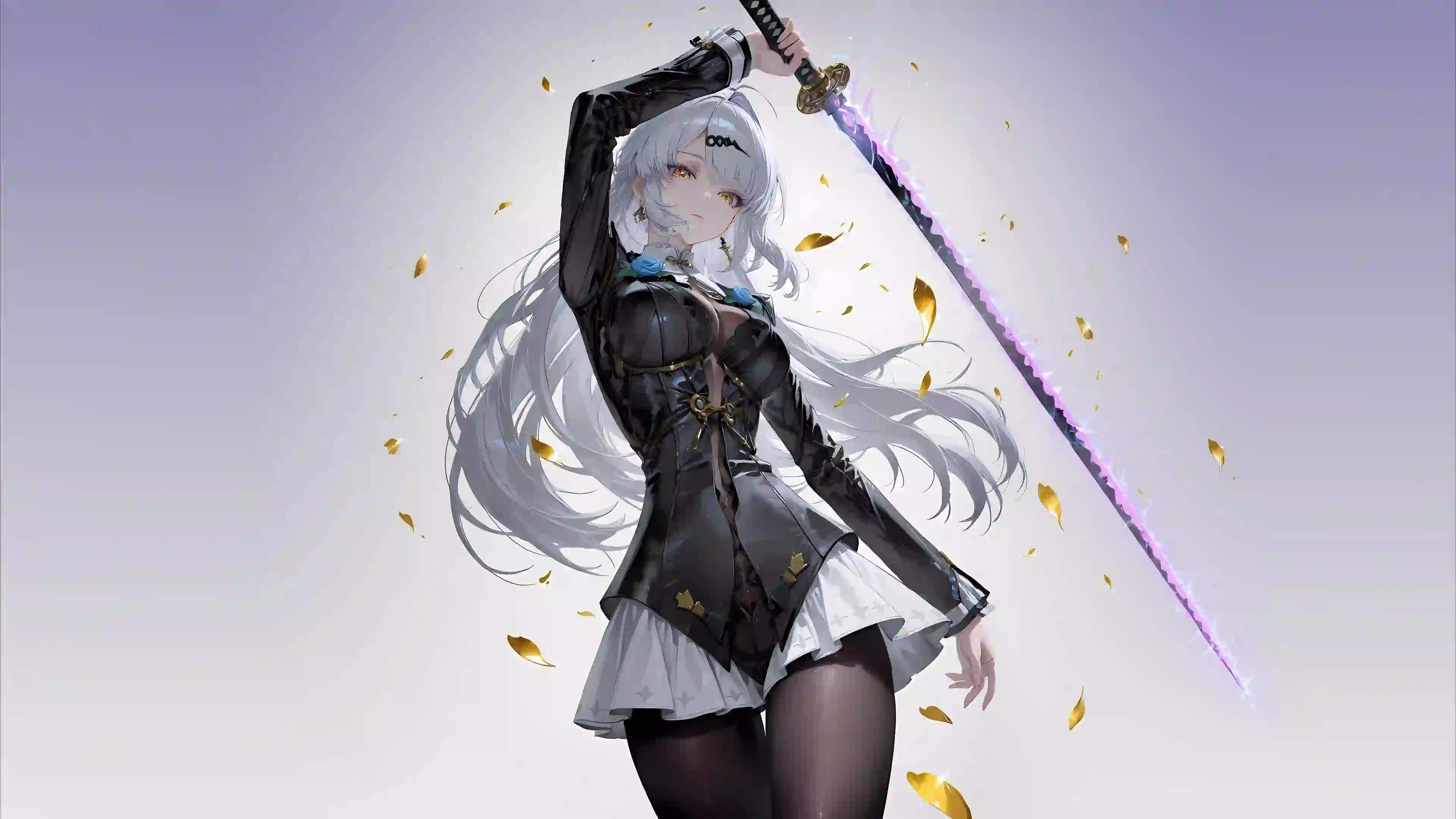 长发黑丝女孩 动漫角色 剑 仪玄 白色长发