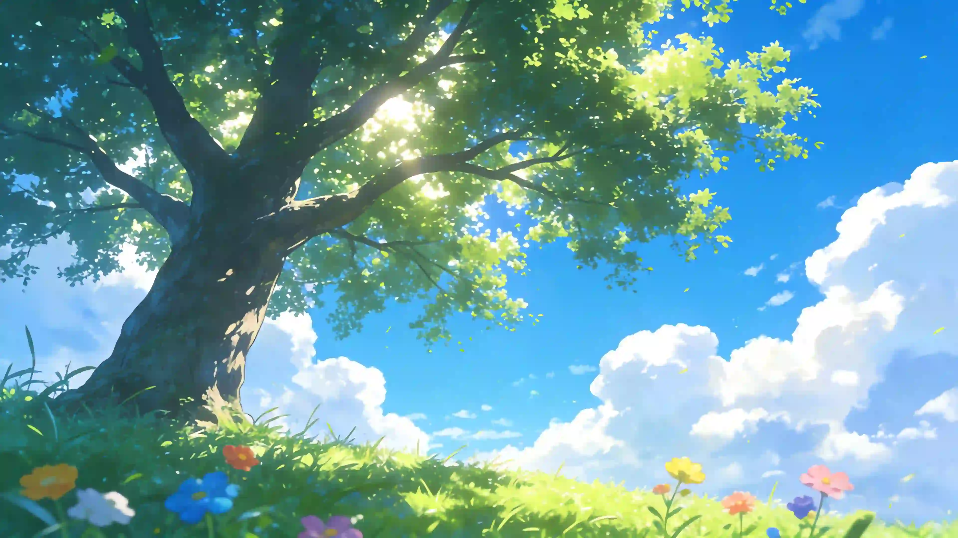 孤独的大树 蓝天白云 草原风景 花