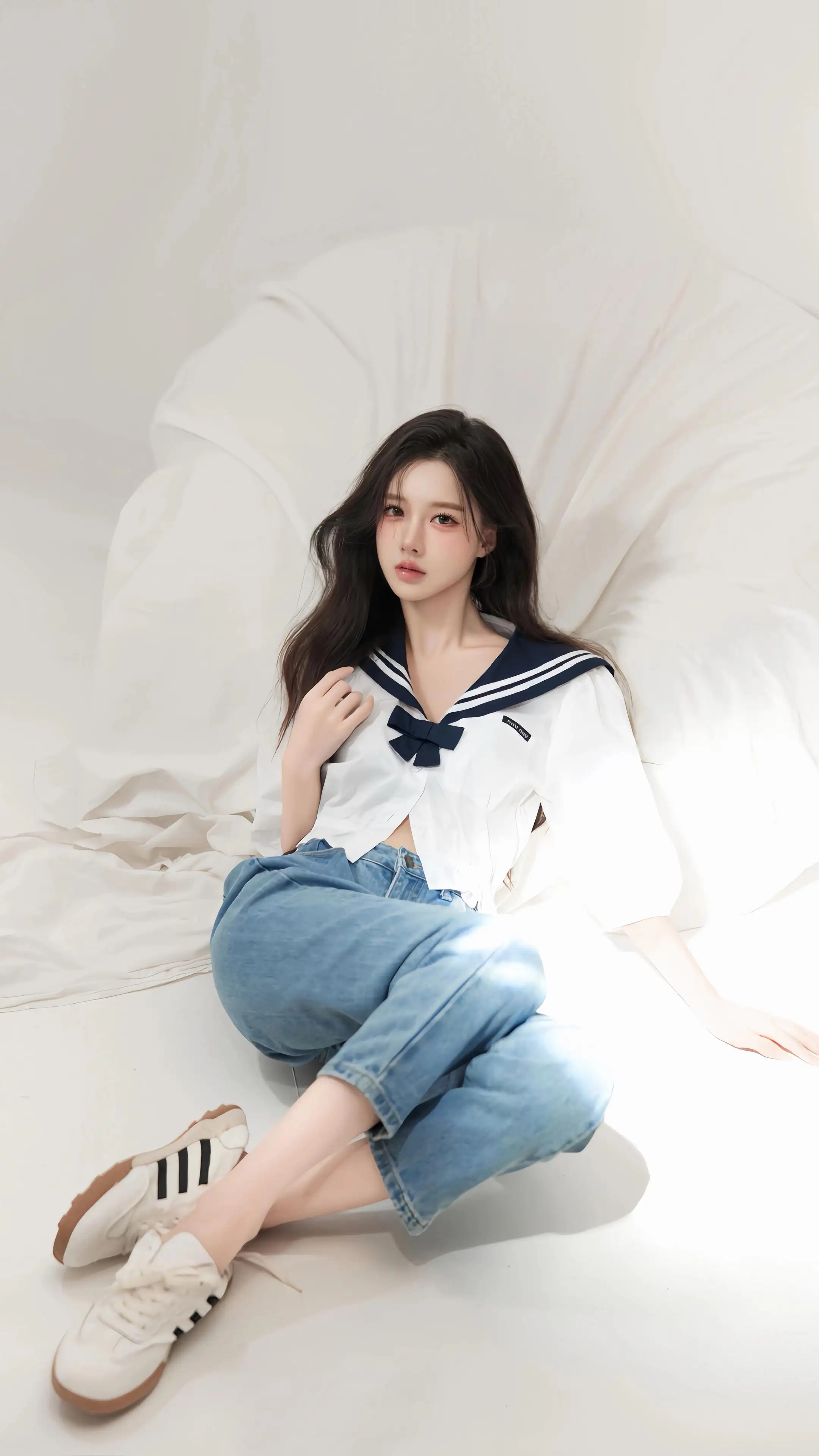 少女风 白色衣服牛仔裤美女4K手机壁纸