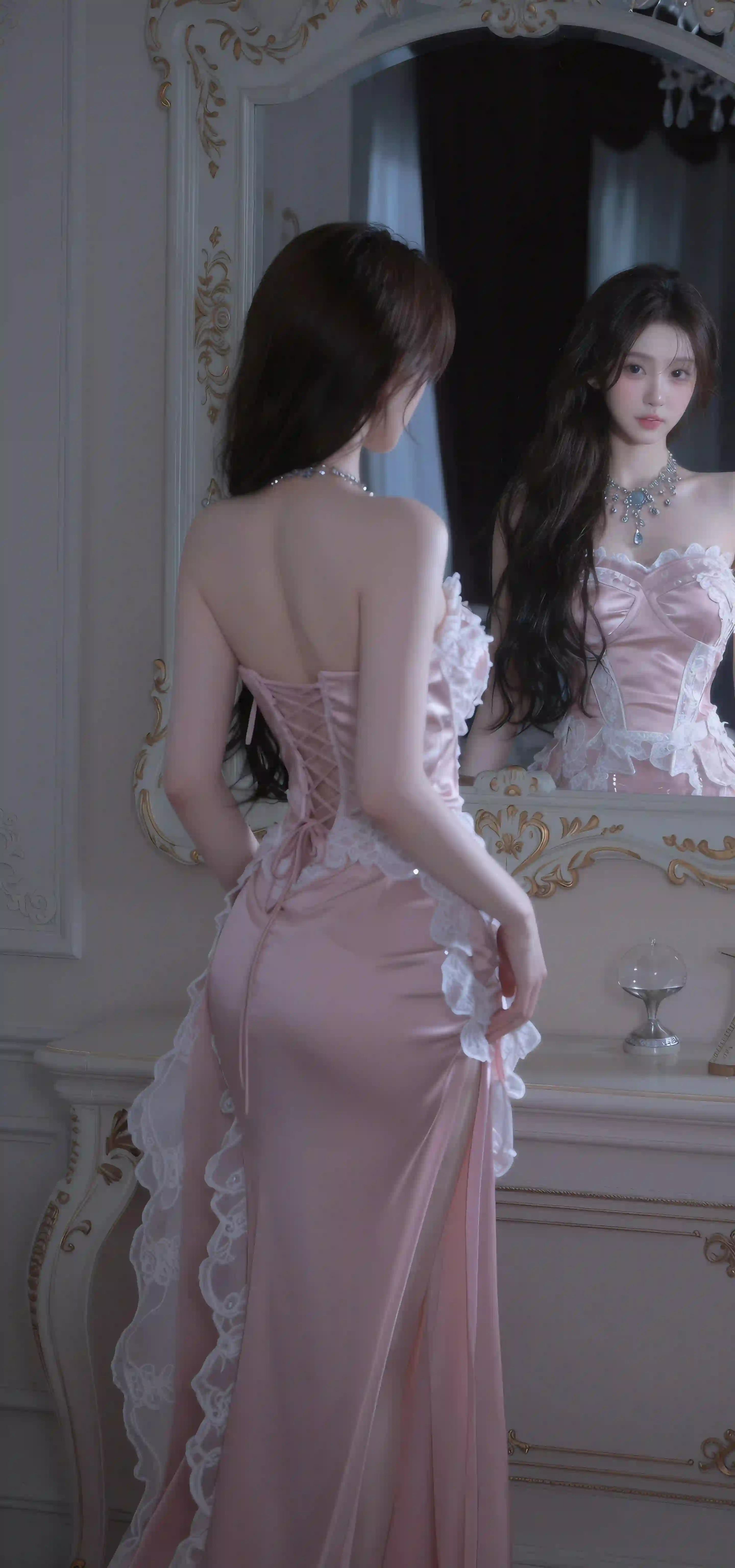 粉色蕾丝礼服 对镜写真 优雅少女 欧式镜子 唯美