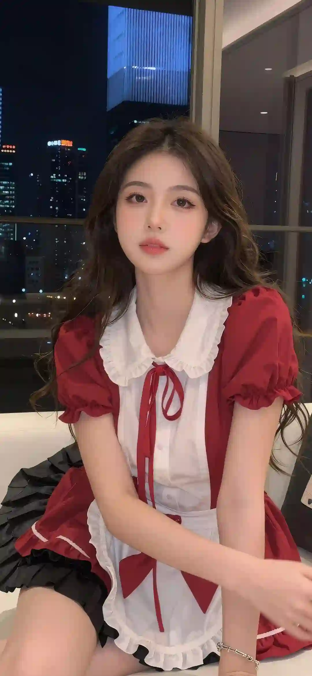 长发清纯美女 红色衣服 黑色短裙 女仆穿搭 居家