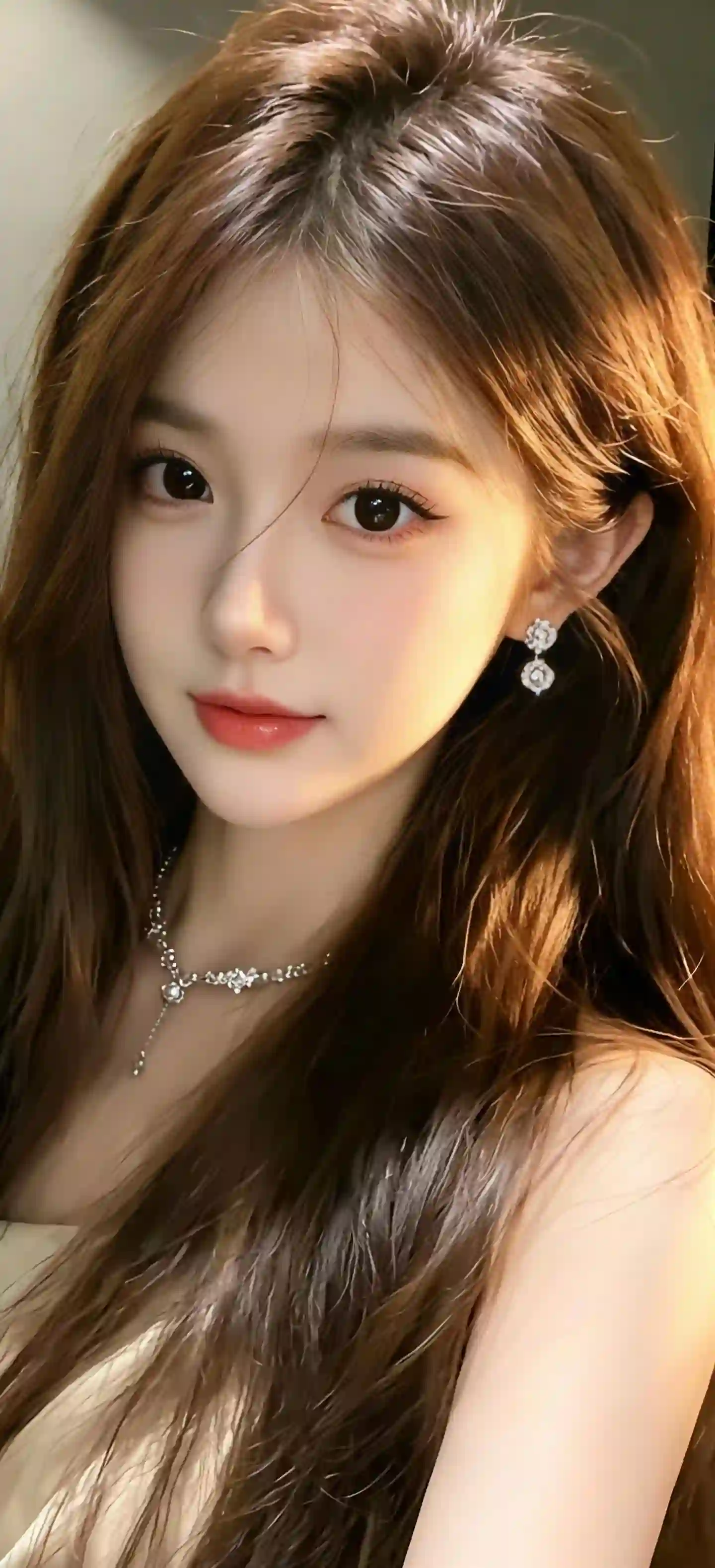 美女 长发清纯美女 银色金属耳环 项链
