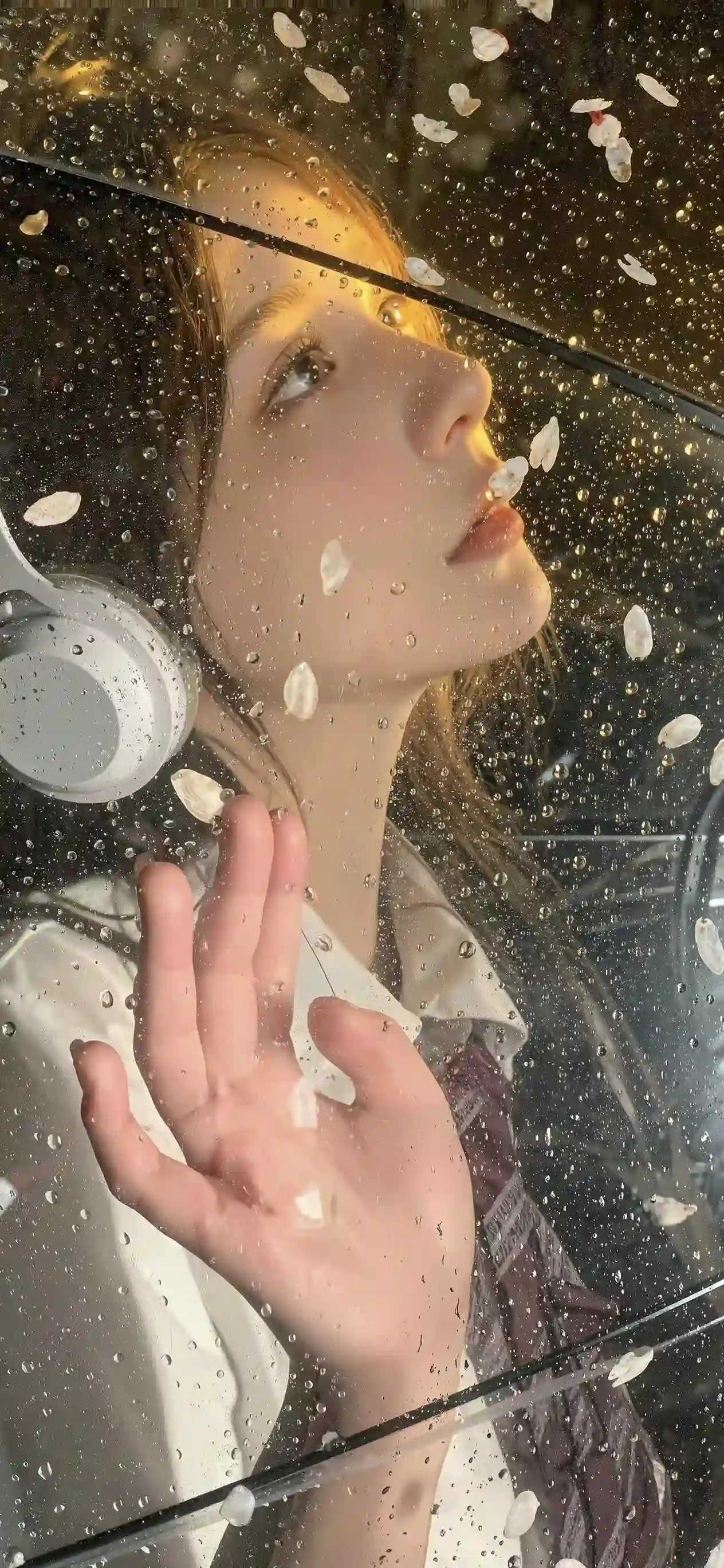 透过玻璃 长发女孩 戴着耳机的长发女孩