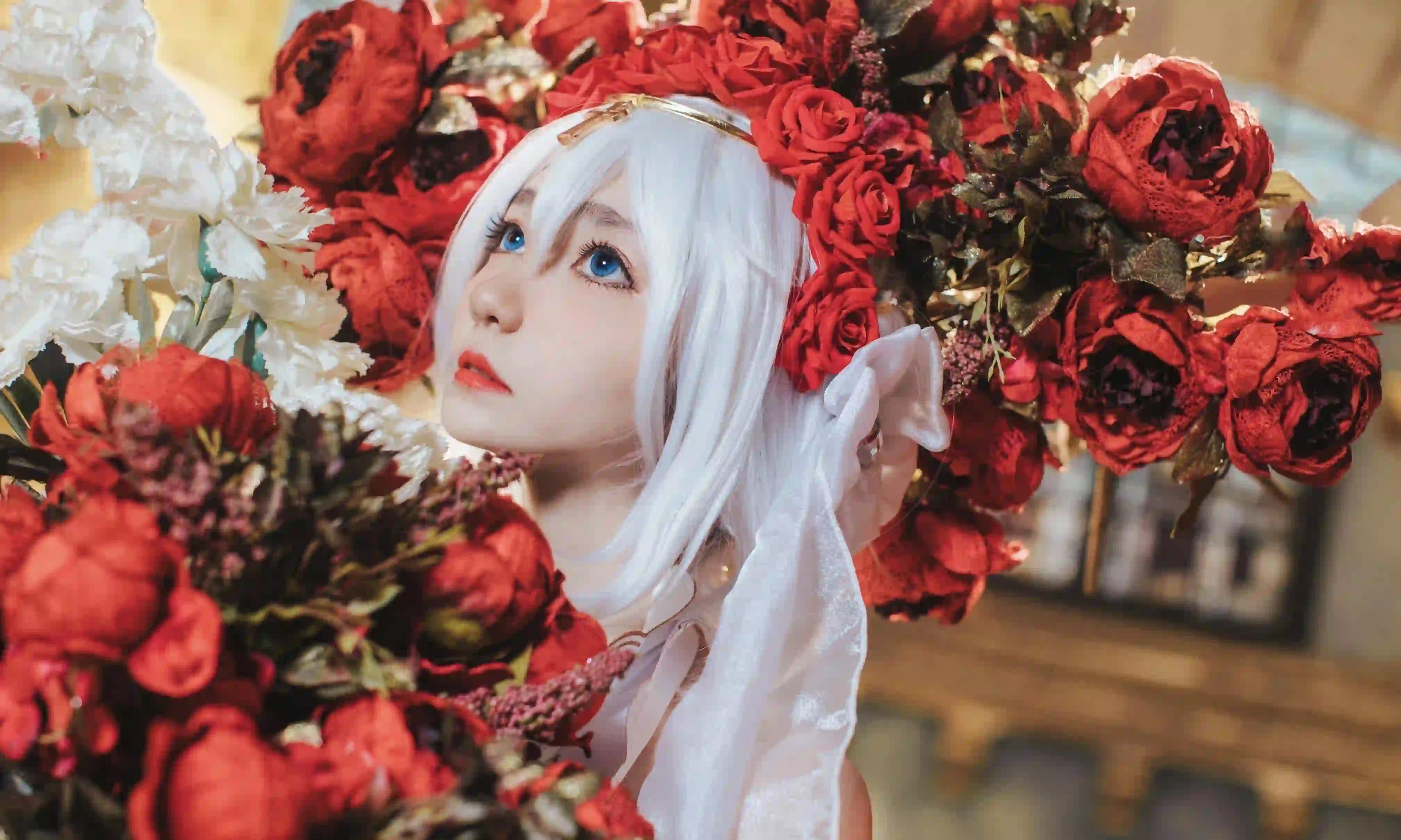 长发美女 白色长发 Coser 白裙少女 红玫瑰