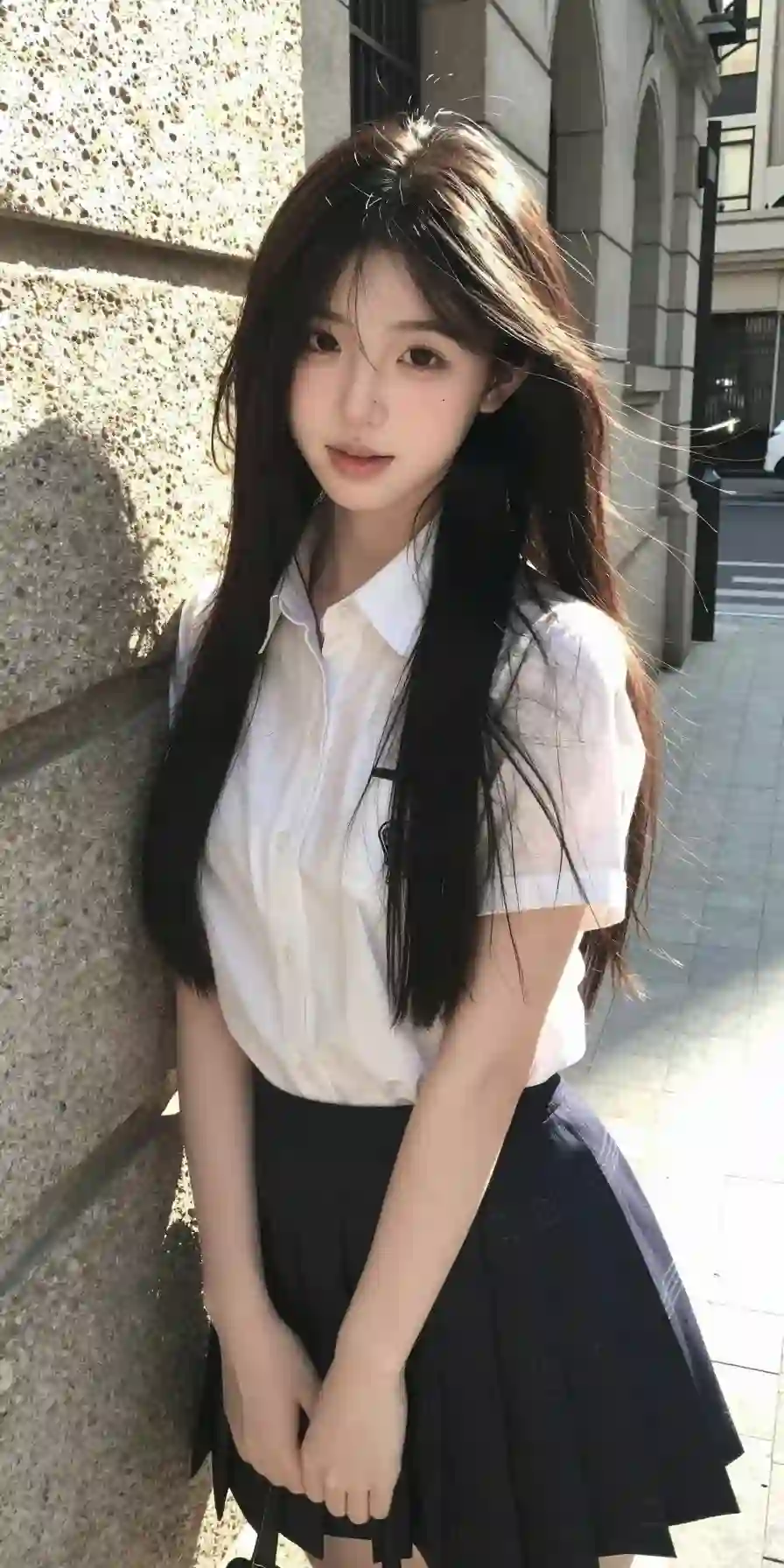 长发jk美女 光影 黑色短裙 白色衬衫