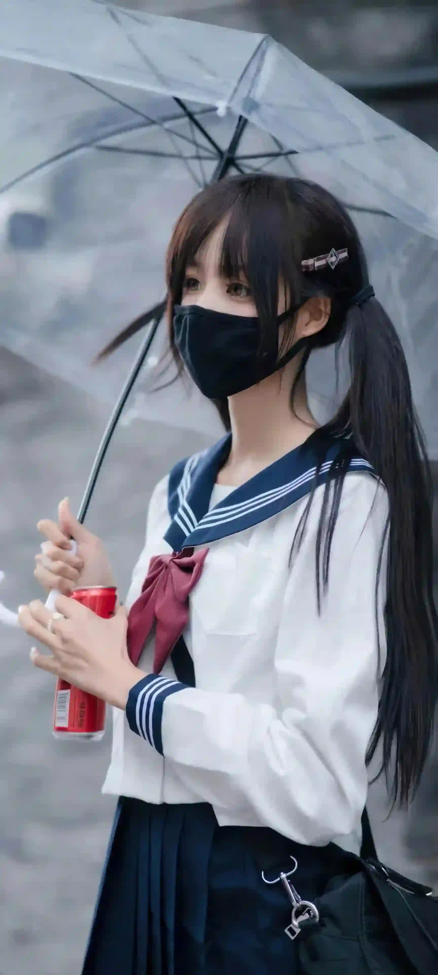 长发美女 美女 jk 女孩 戴着黑色口罩的女孩 