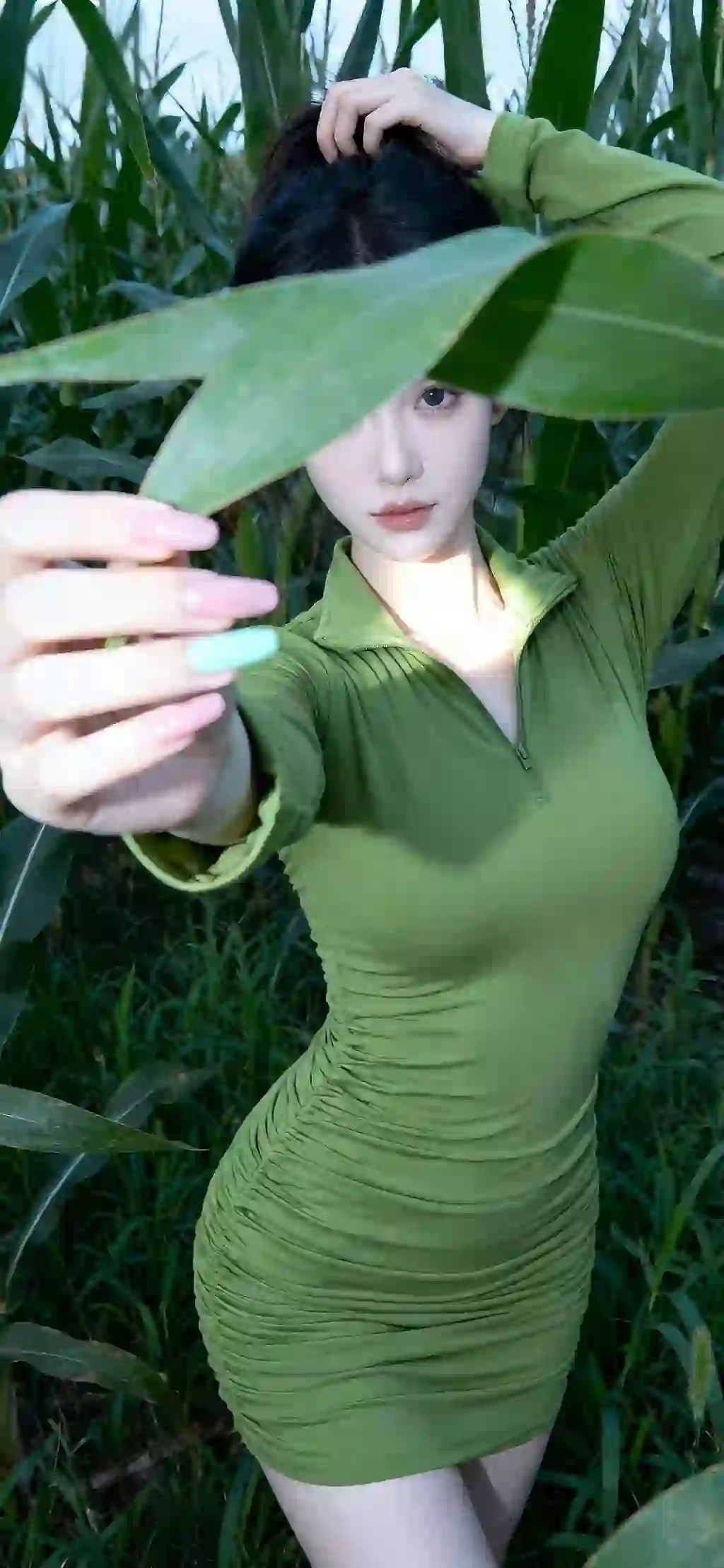 玉米地 绿色包臀裙 性感女孩 亲近自然 阳光
