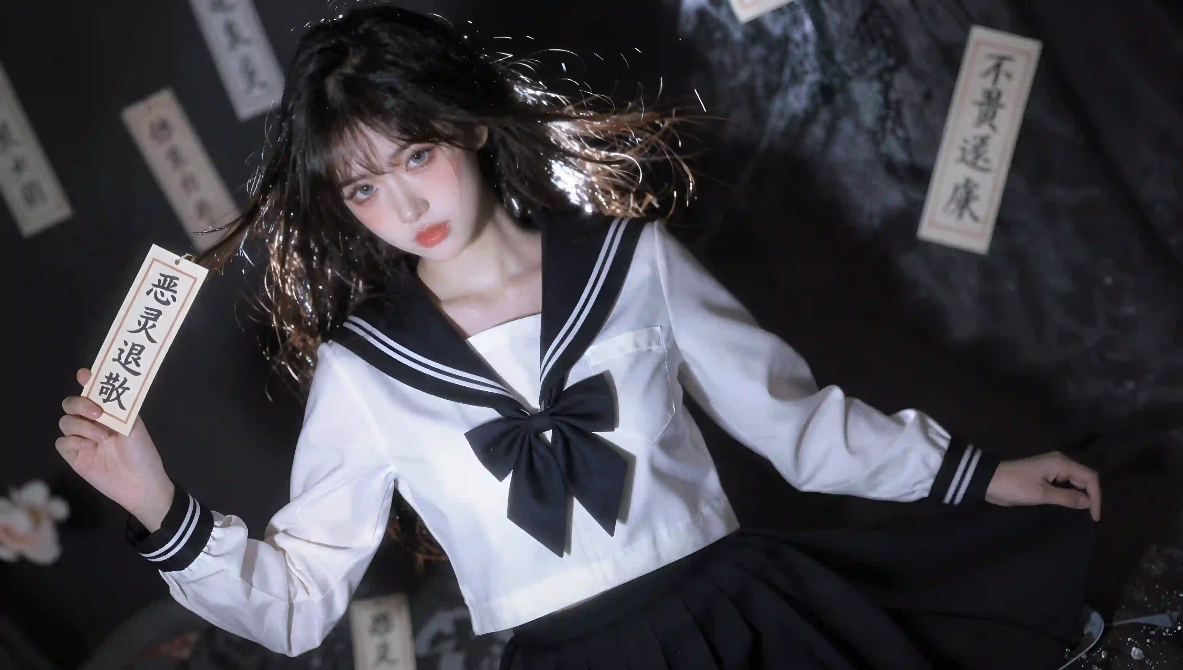 长发jk美女 符咒 清纯 纯欲 超现实主义 白色衣服