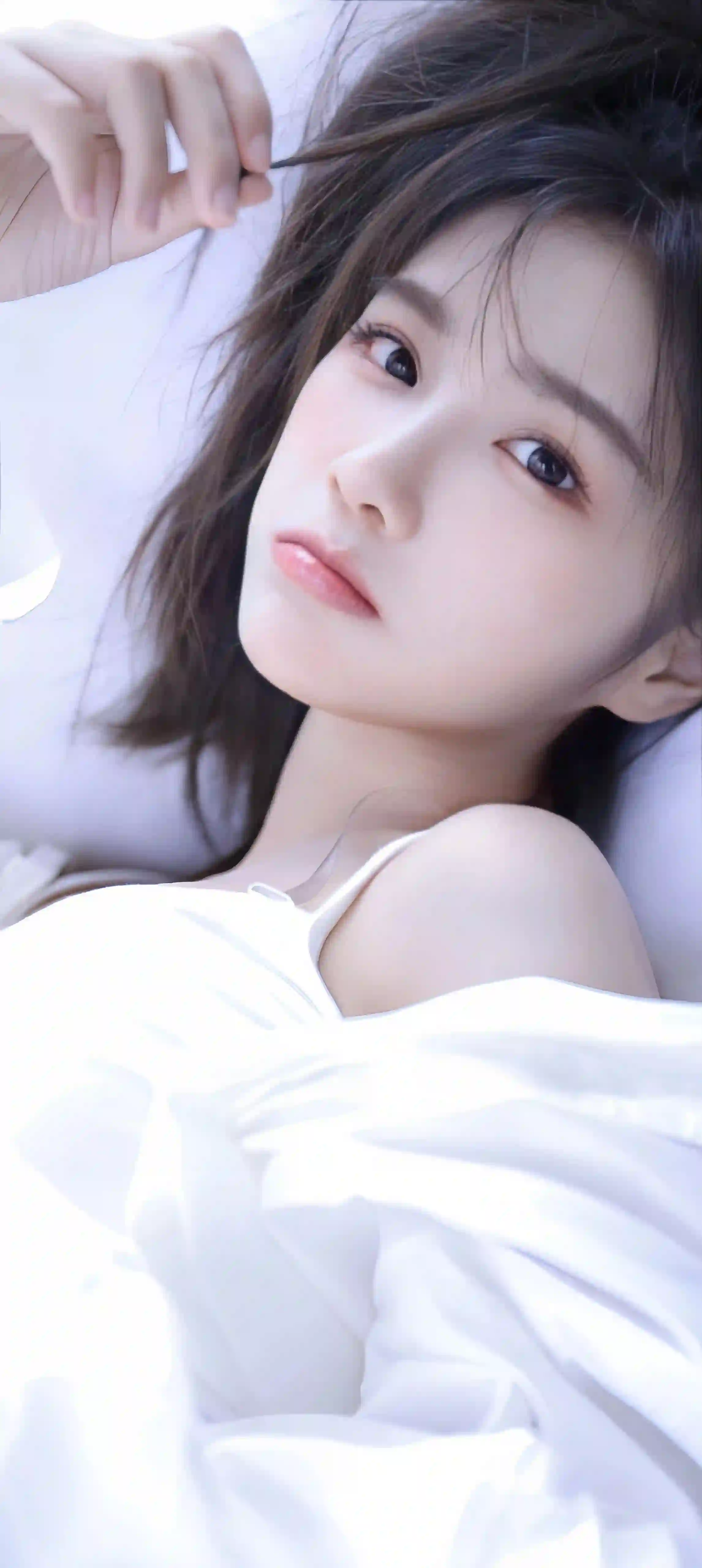 可爱嘟嘴的长发美女 清纯美女 白色吊带装 