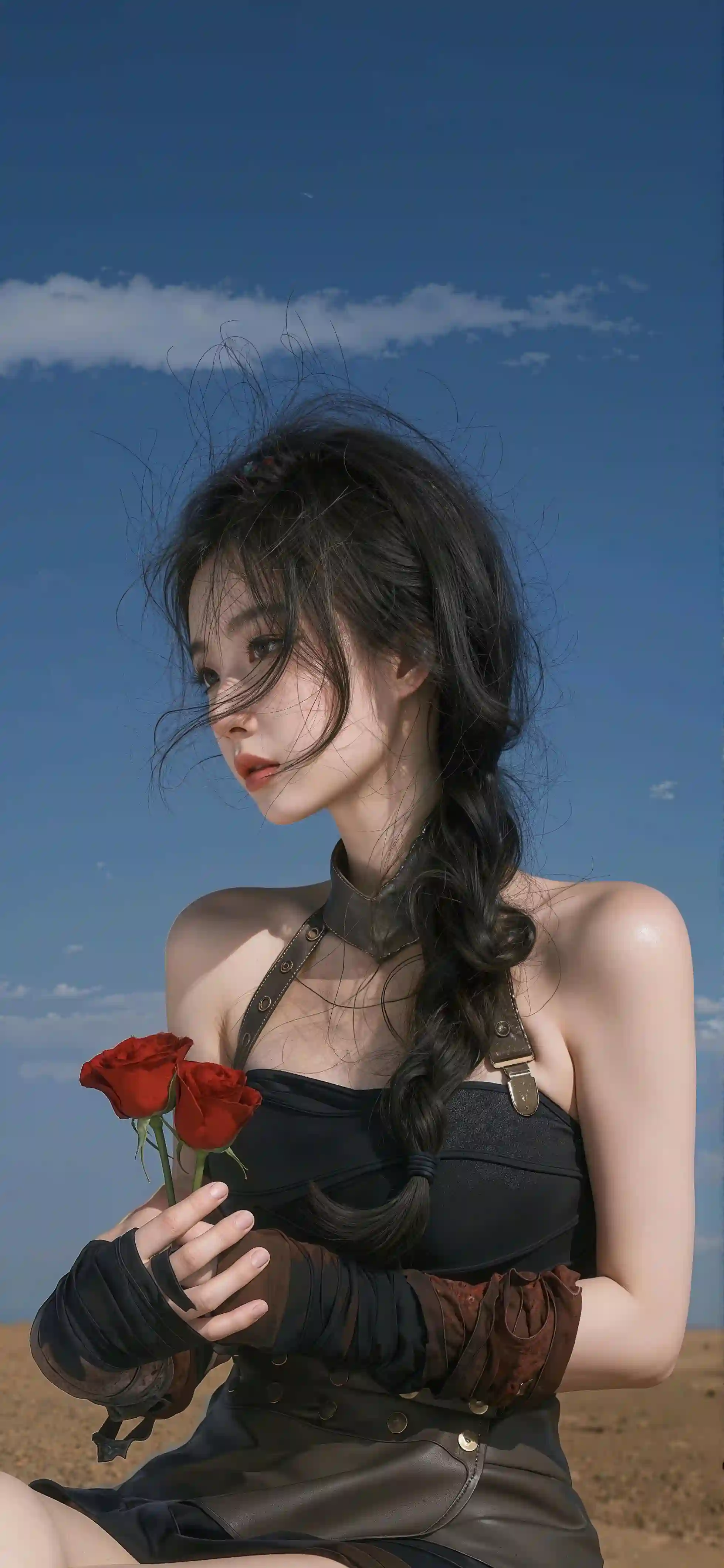手拿红色玫瑰花🌹 长发吊带美女 黑色长裙