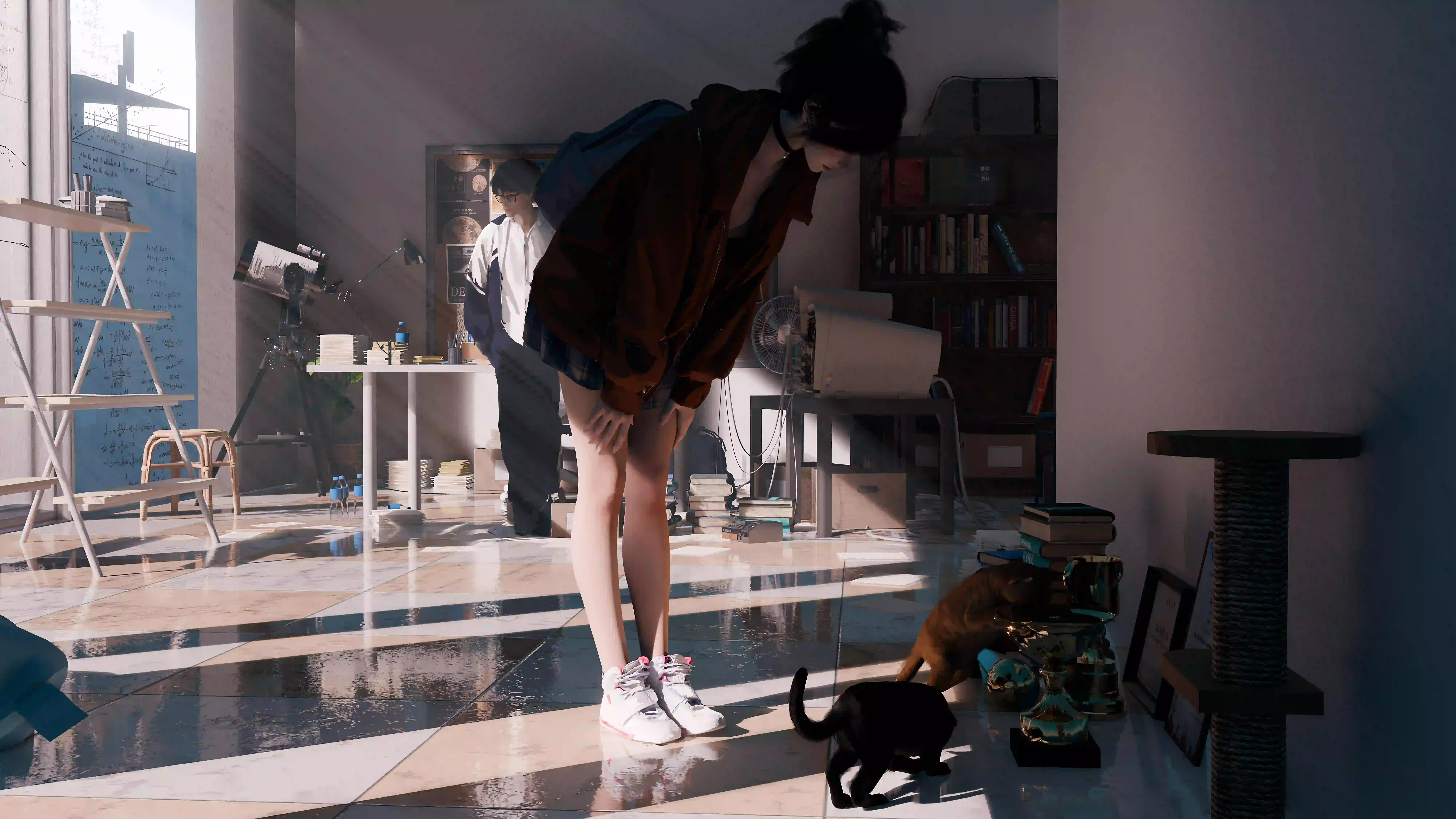 wlop 可爱小猫 光影 长发女孩 