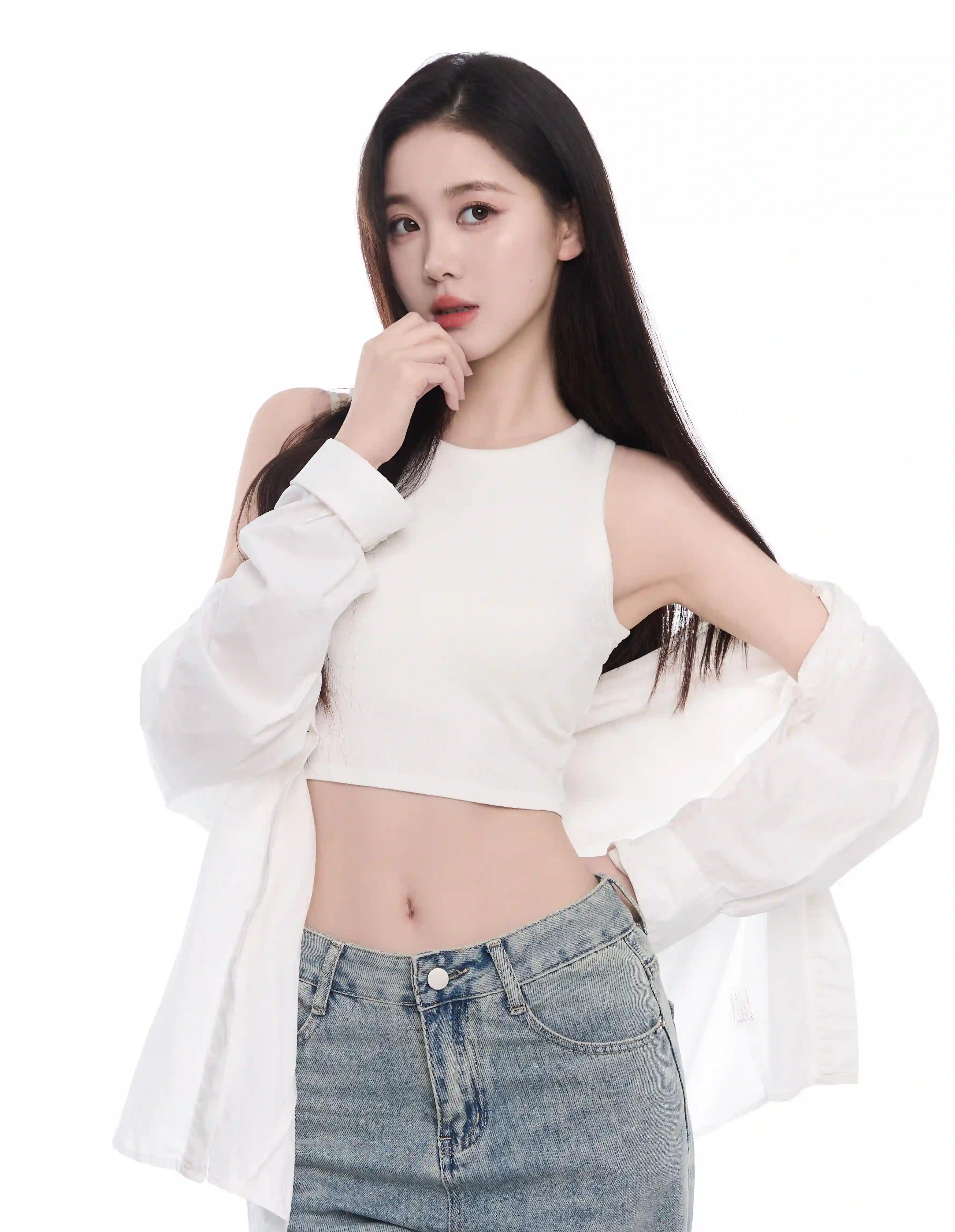 长发美女 白衣牛仔裤女孩 可爱 美女