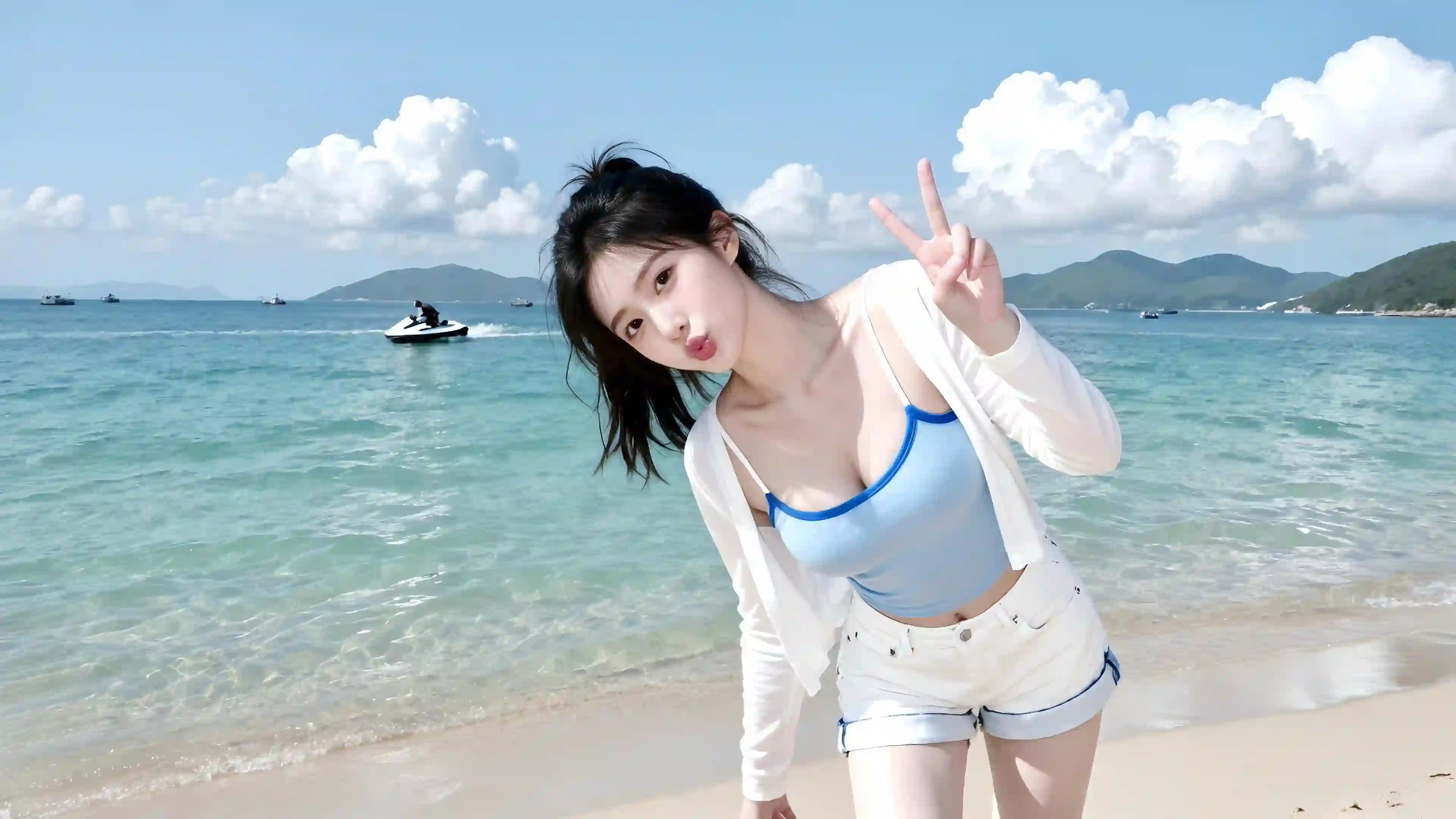 长发性感美女 沙滩 海边 可爱 甜美 俏皮