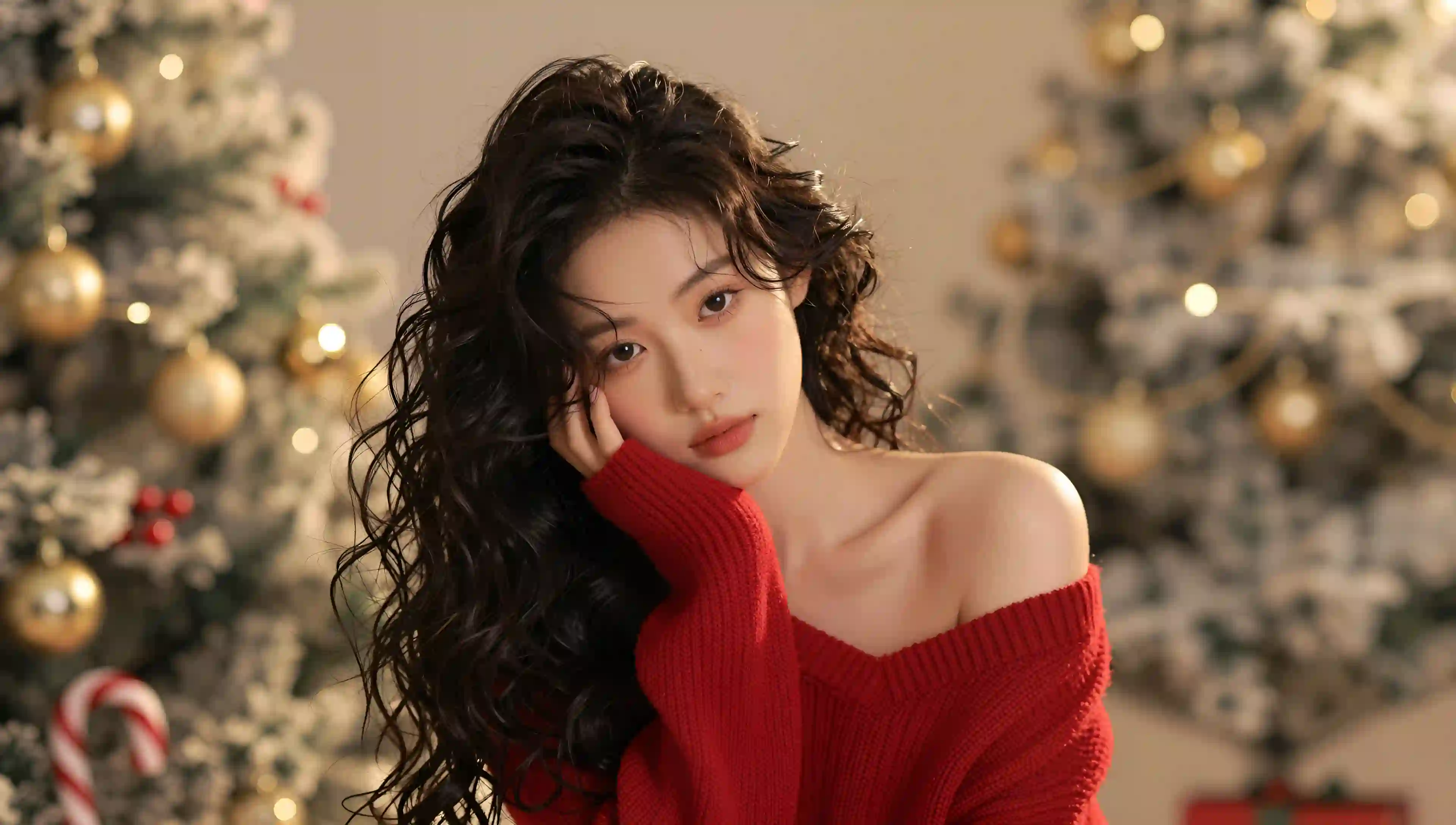 美女 红色毛衣 圣诞树 卷发 温馨 节日 人像