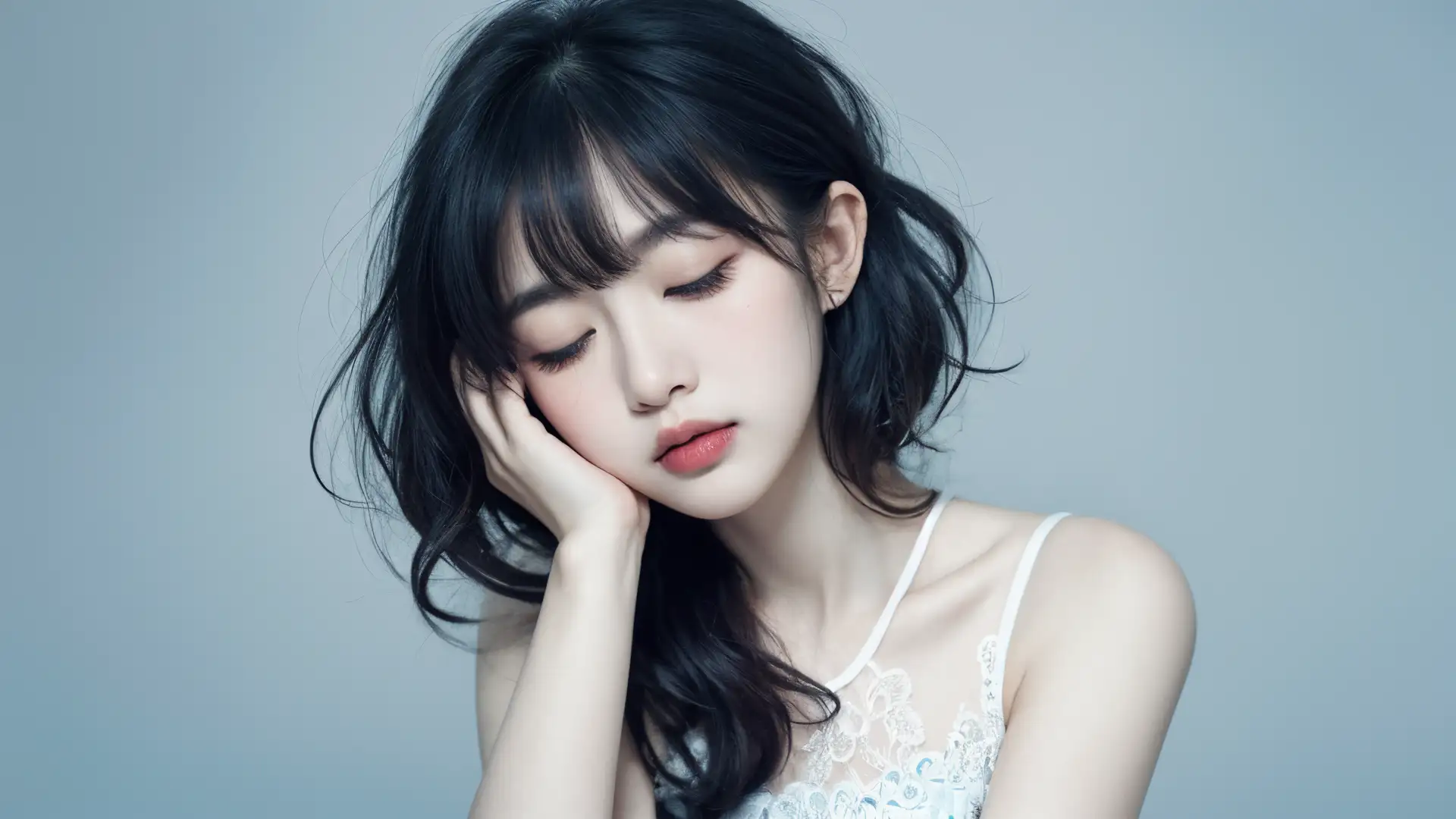 撑着脸颊，闭目沉思的卷发气质AI美女桌面壁纸图片