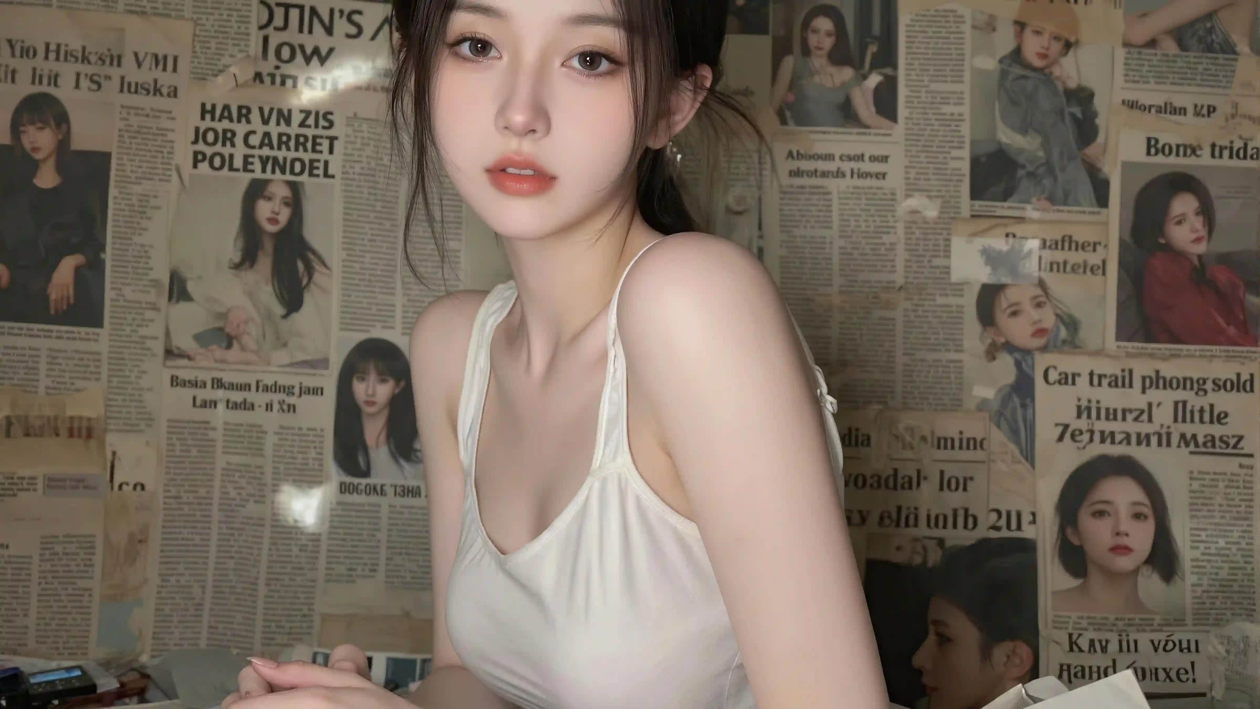 报纸墙美女，高颜值吊带睡衣美女壁纸2，随性，自然，温柔好看AI美女