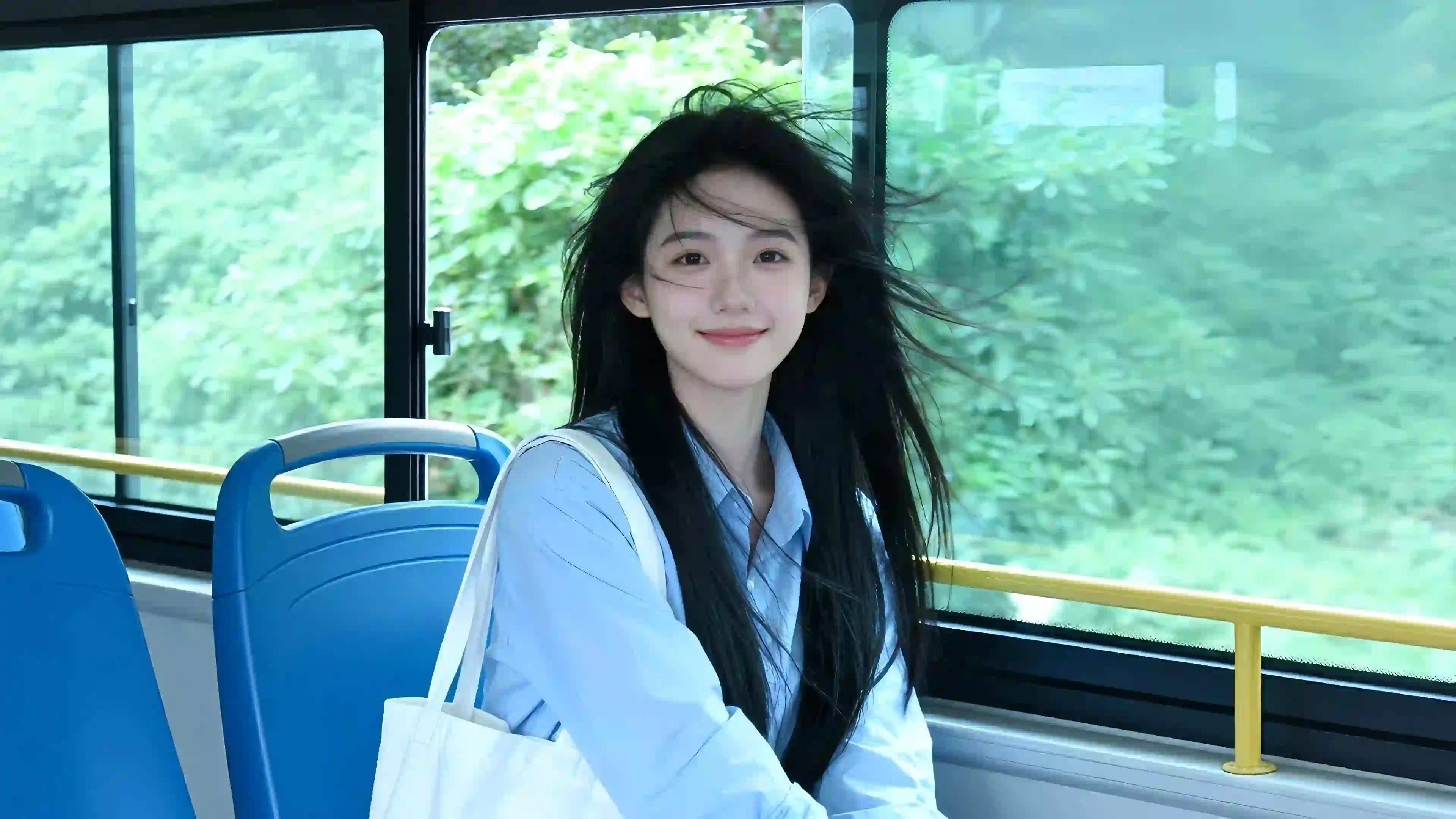 公交车 清新美女 甜美 微笑 户外 自然