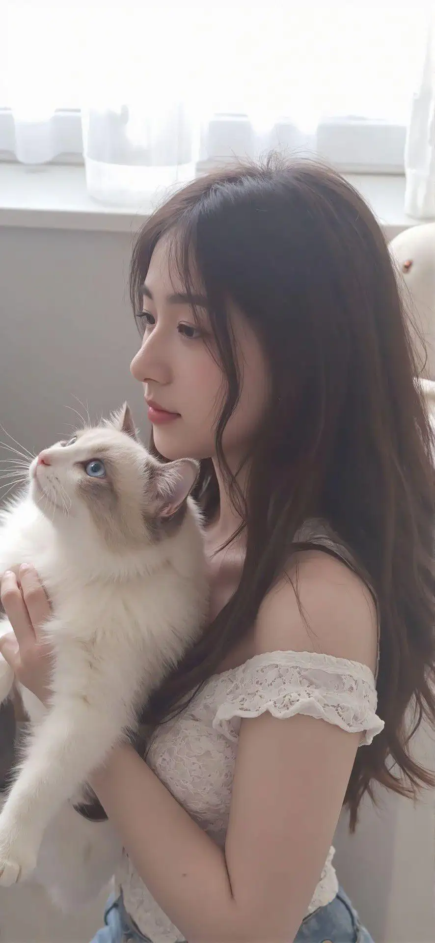 抱着猫咪的可爱女孩｜猫咪｜可爱｜白衣女孩