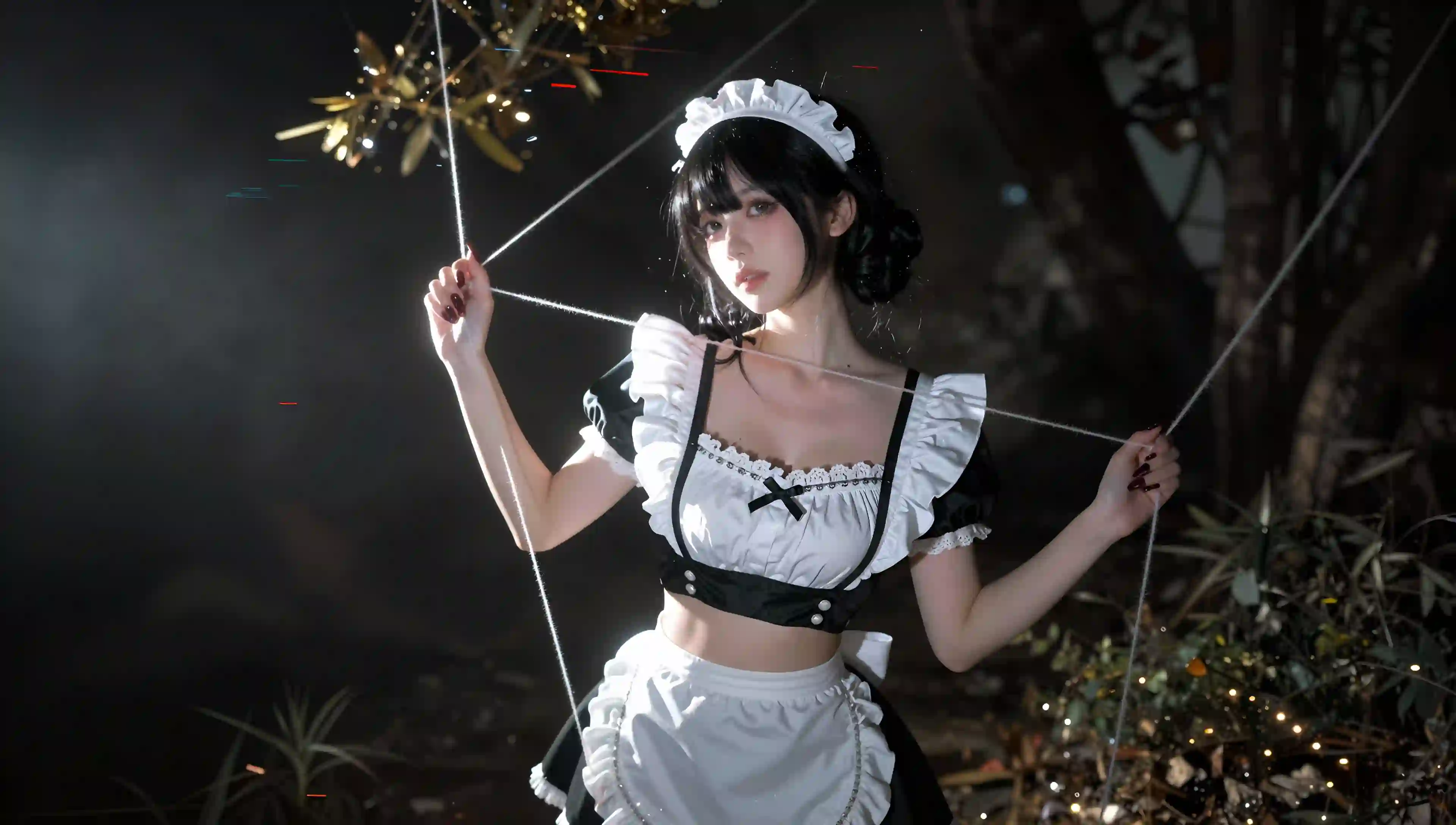 长发性感美女 女仆穿搭 白色裙子 户外 树林