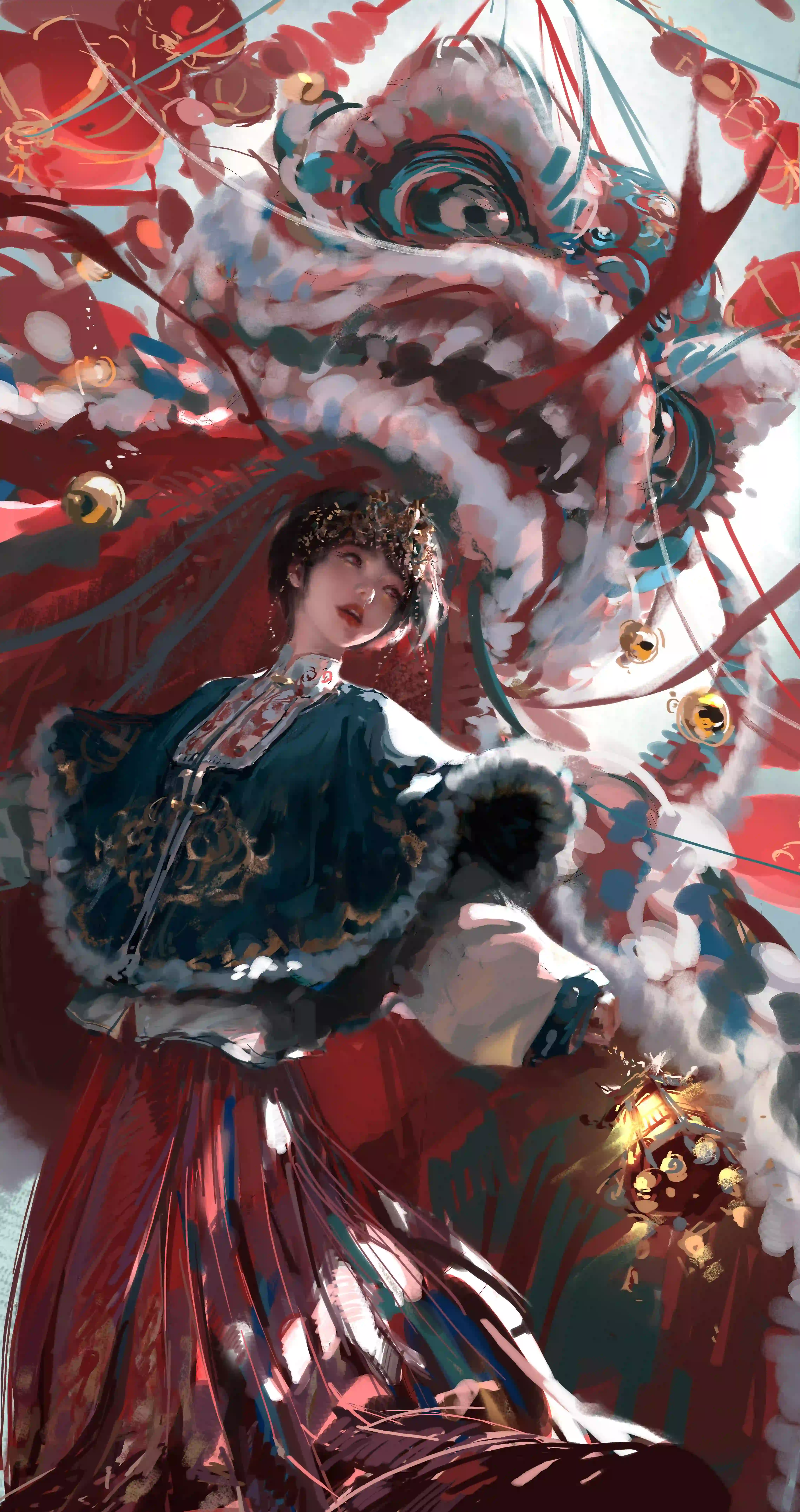 舞狮 短发可爱女孩 喜庆 新年 wlop