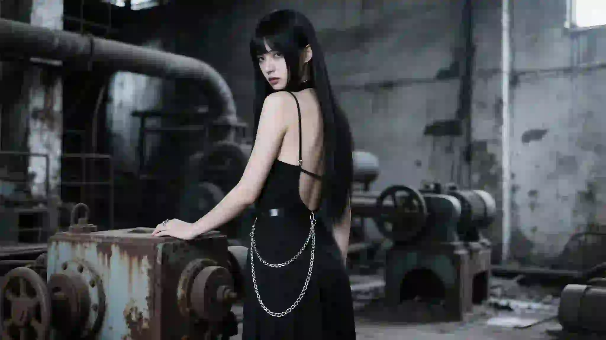 美女 黑色长裙美女 酷酷 吊带美女 性感美女 长发美女