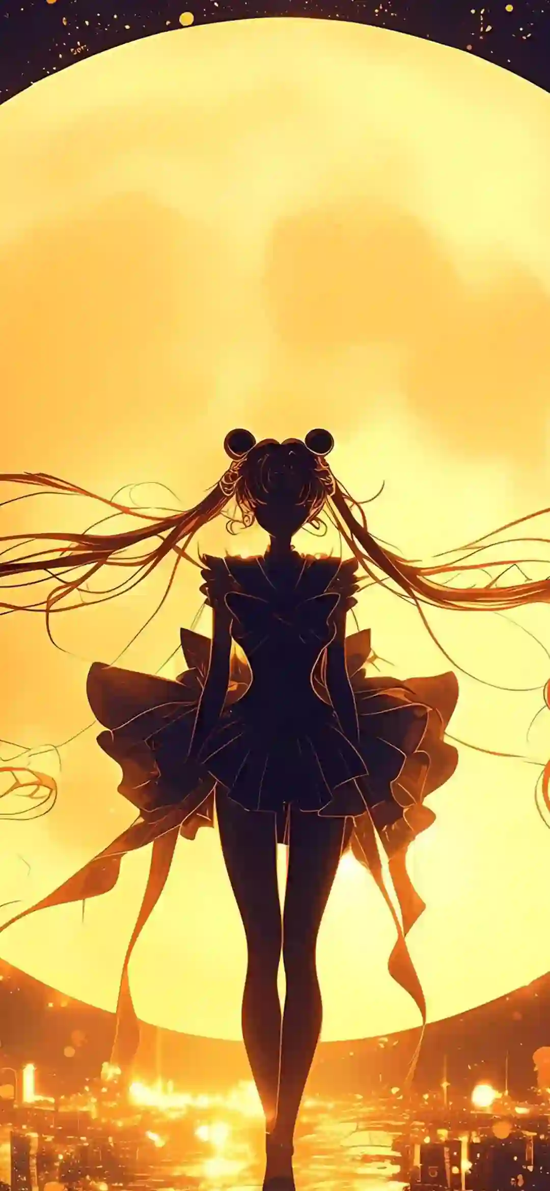 美少女 剪影 月亮 暖光 背影 动漫 壁纸
