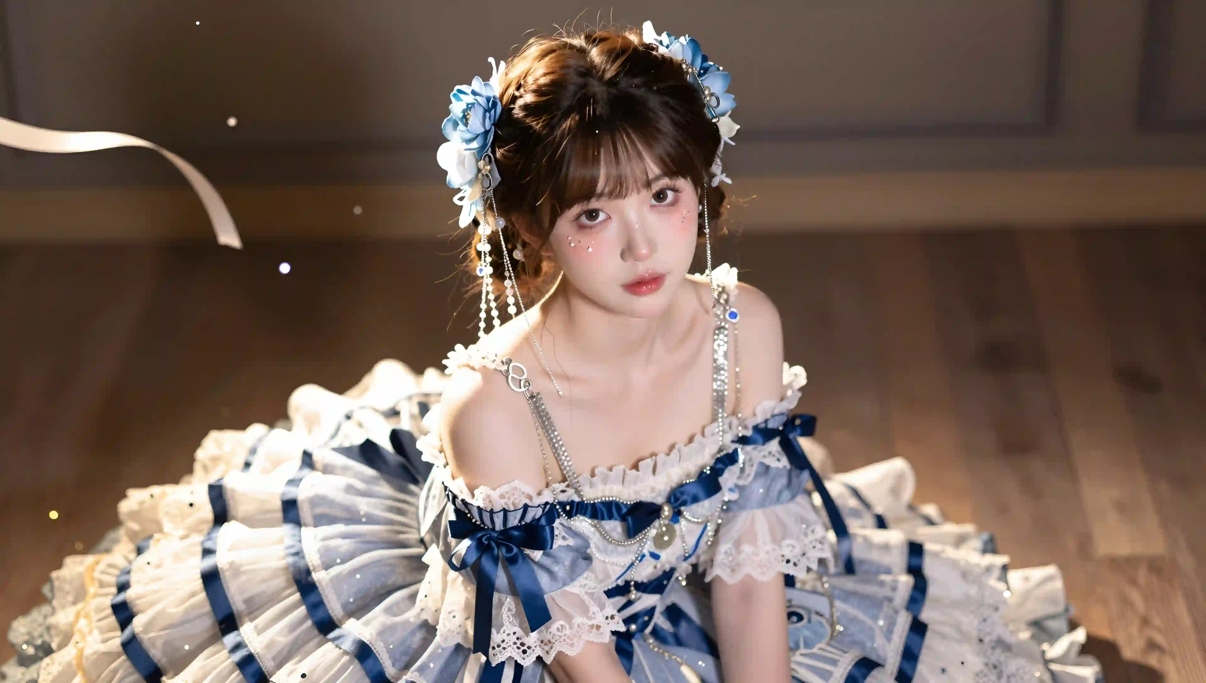 洛丽塔少女 蓝白裙子 室内 梦幻 花朵装饰 坐姿