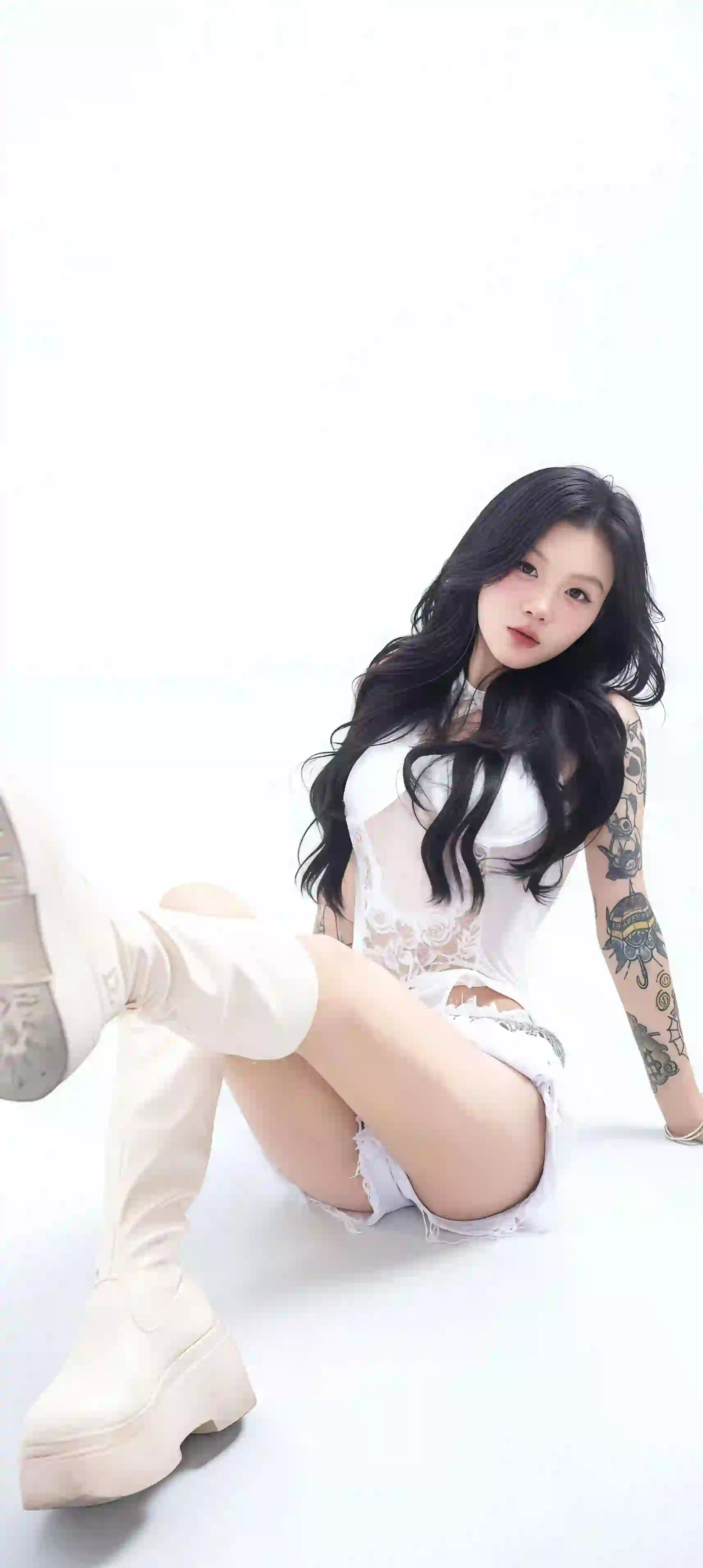 个性 长发美女 纹身 个性穿搭 白色鞋子