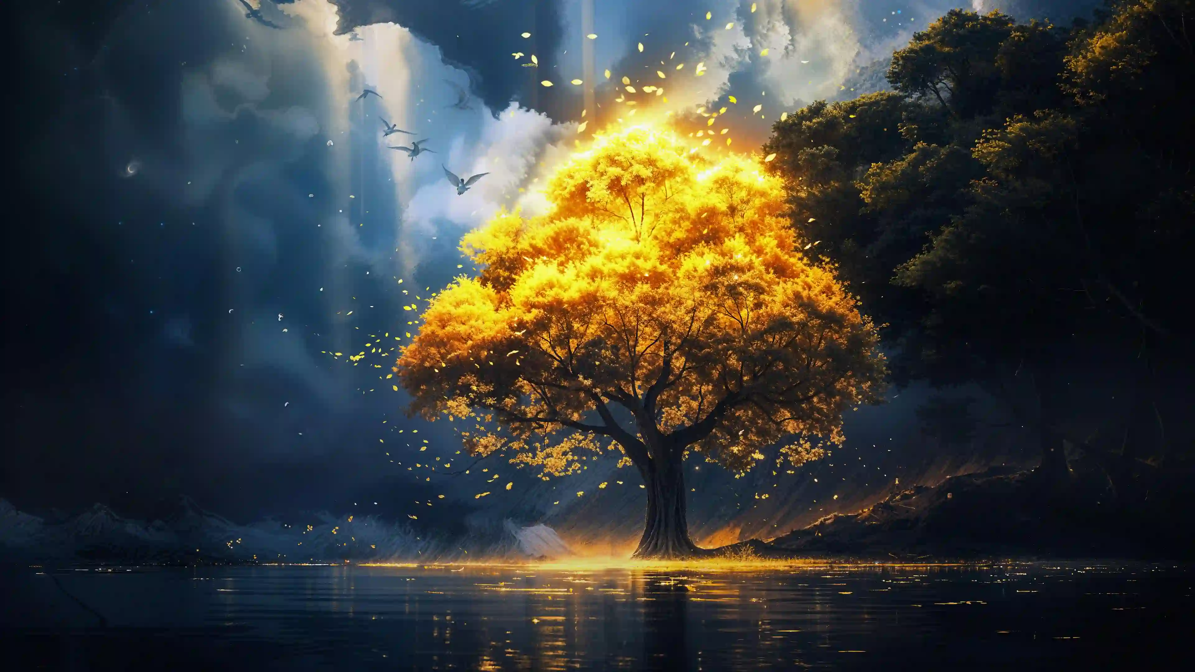 金色神树 幻想风景 发光古树 水面倒影 唯美壁纸