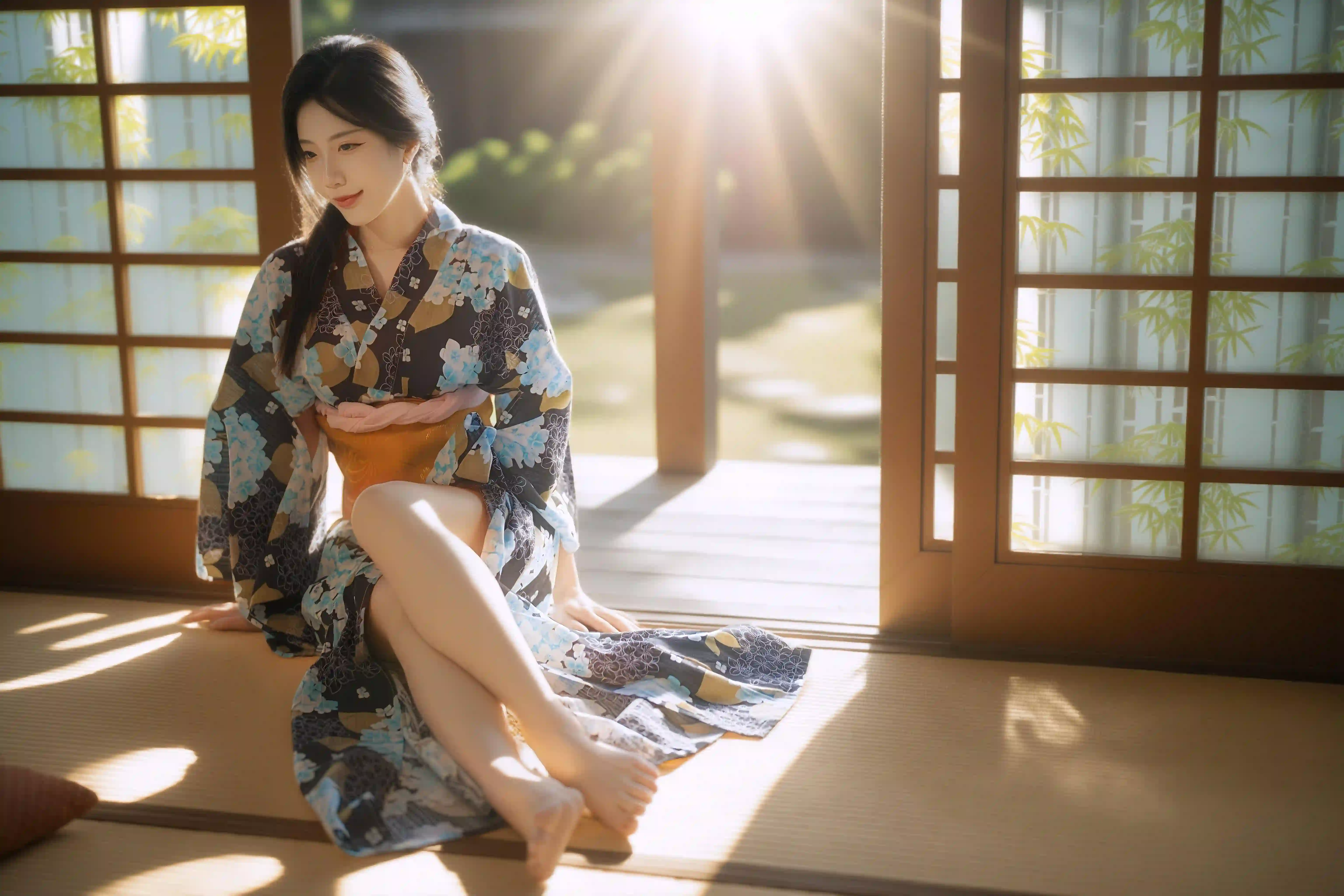 长发性感美女 和服穿搭 长腿美女 光影 逆光