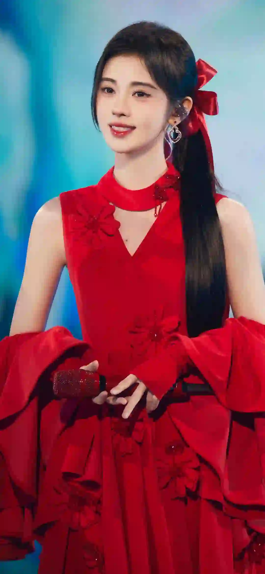 美女明星 鞠婧祎 红色长裙 甜美女孩