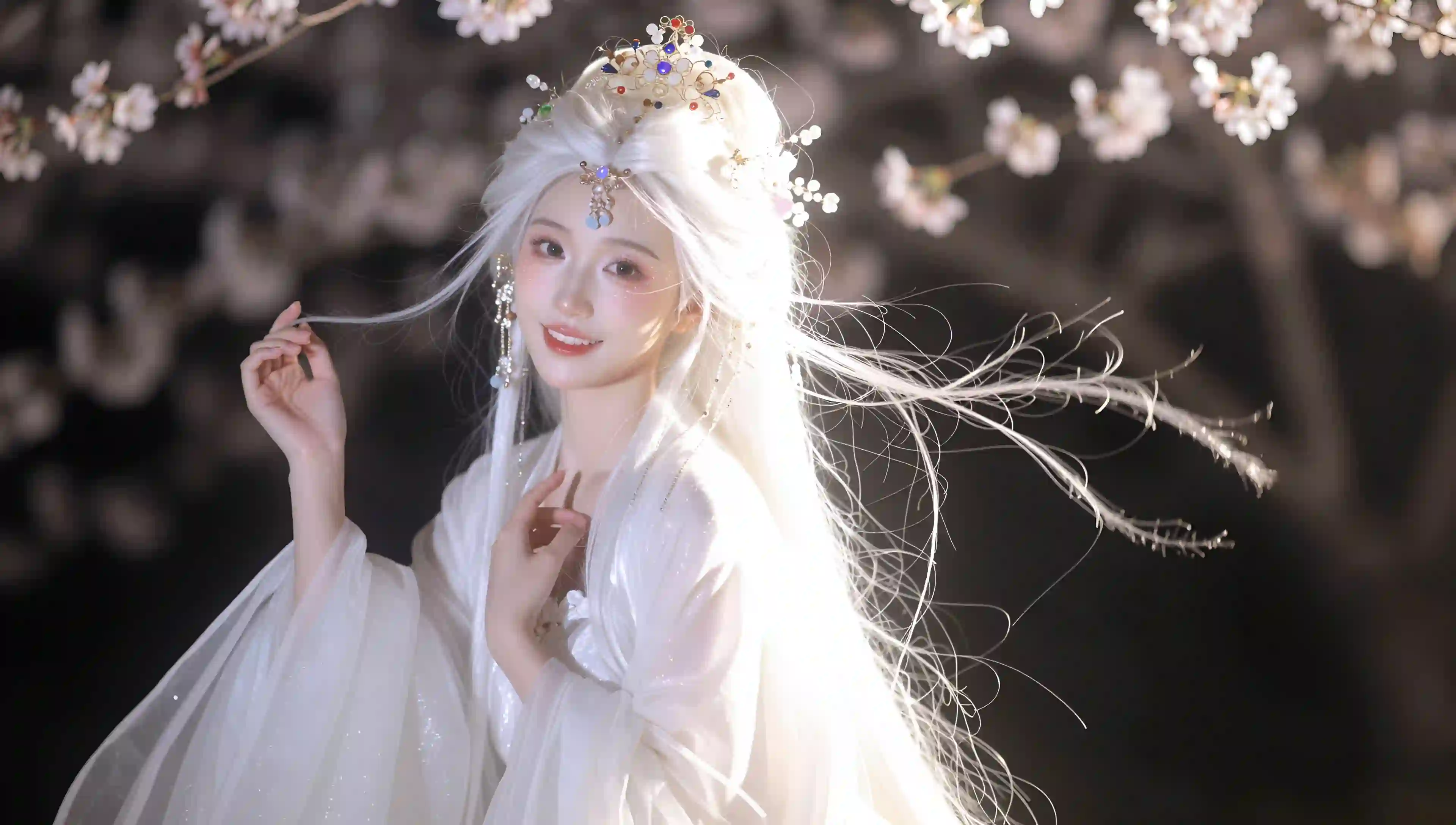 白发 古风 少女 樱花 唯美 壁纸